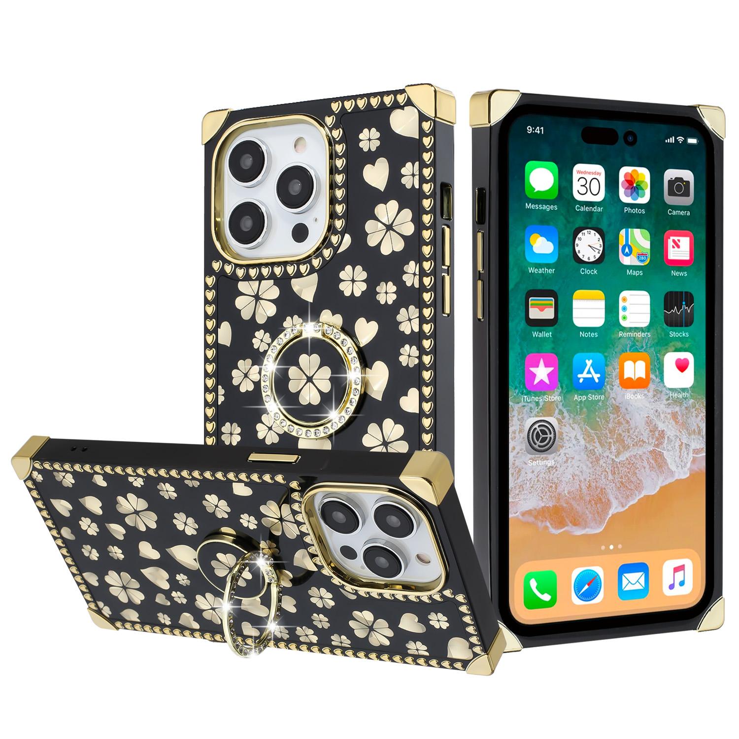 iPhone 15 SQUARE Passion Glitter Diamond Ring Stand Case Cover - Heart Design Black product