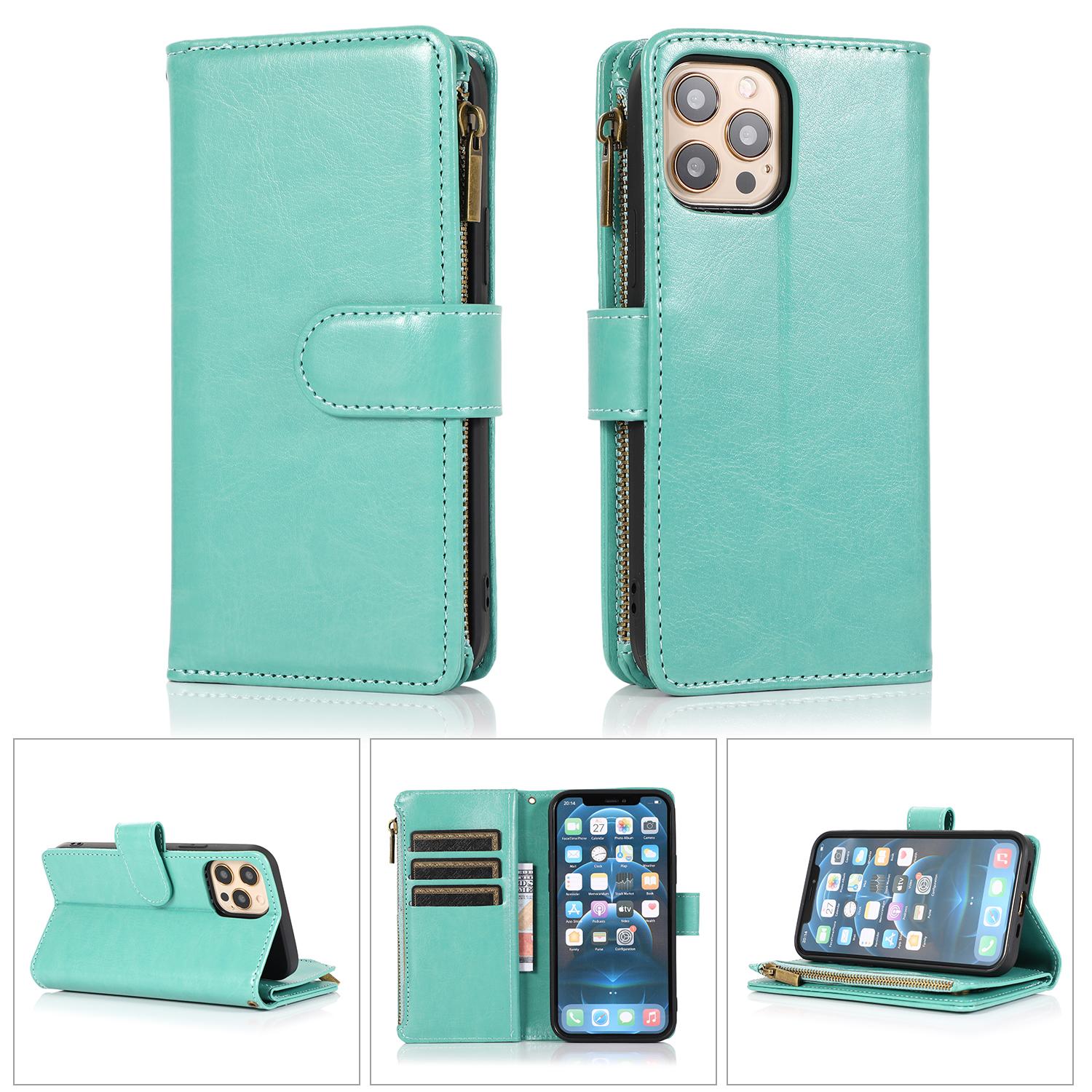 iPhone 15 Luxury Wallet Card ID Zipper Money Holder Case Cover - Teal product
