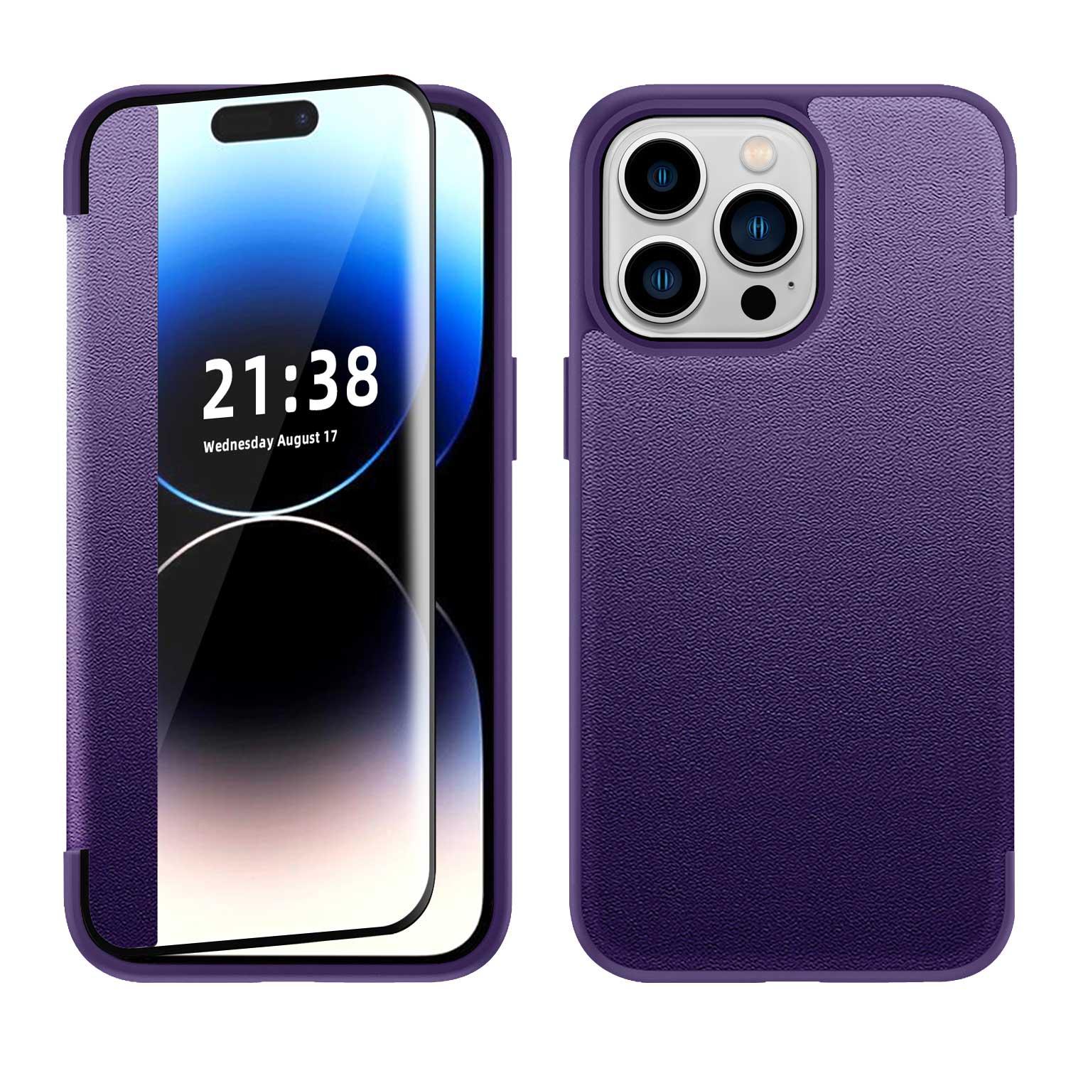 iPhone 15 PU Leather Window Flap Case with Cover - Dark Purple