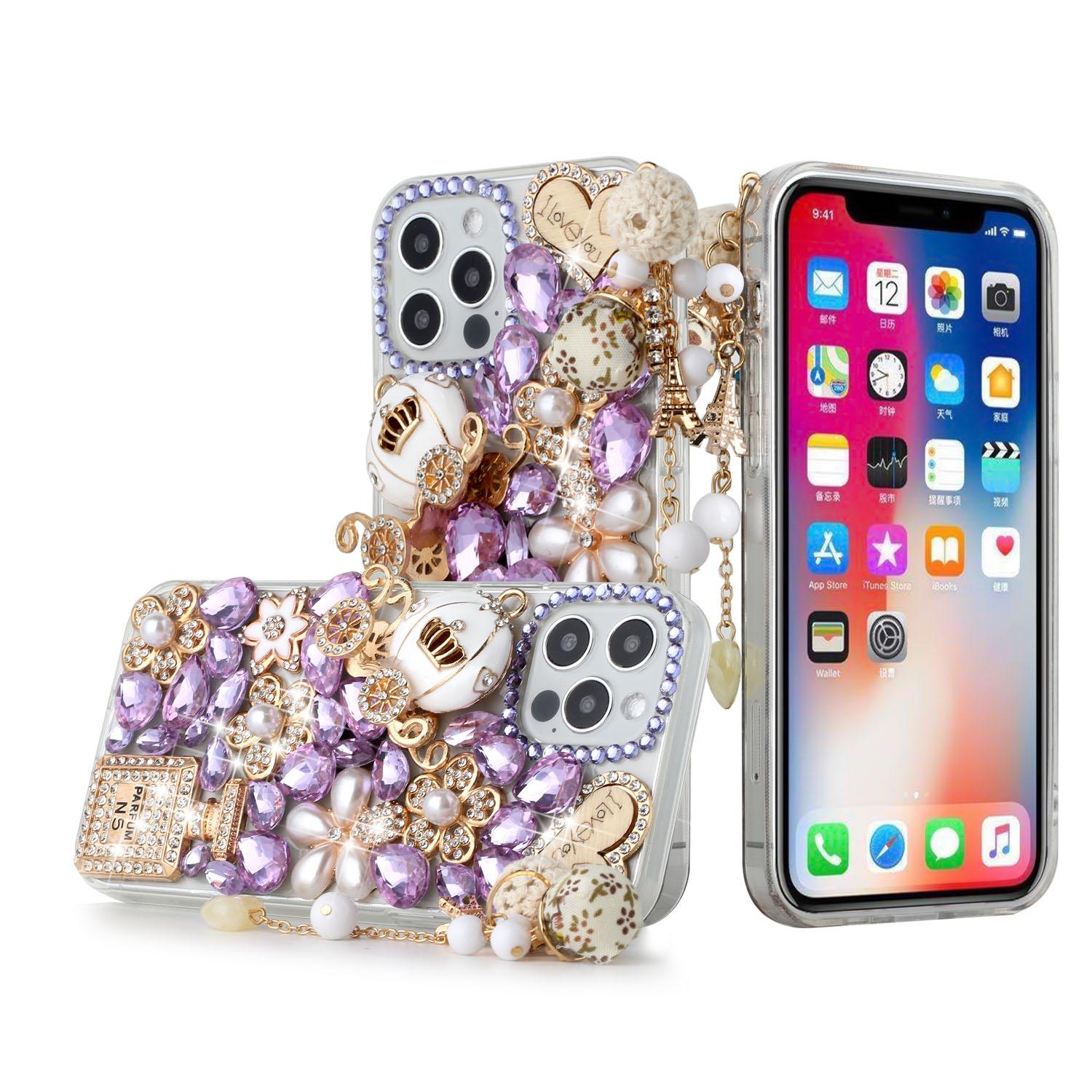 iPhone 15 Full Diamond with Ornaments Case Cover - Ultimate Multi Ornament Purple