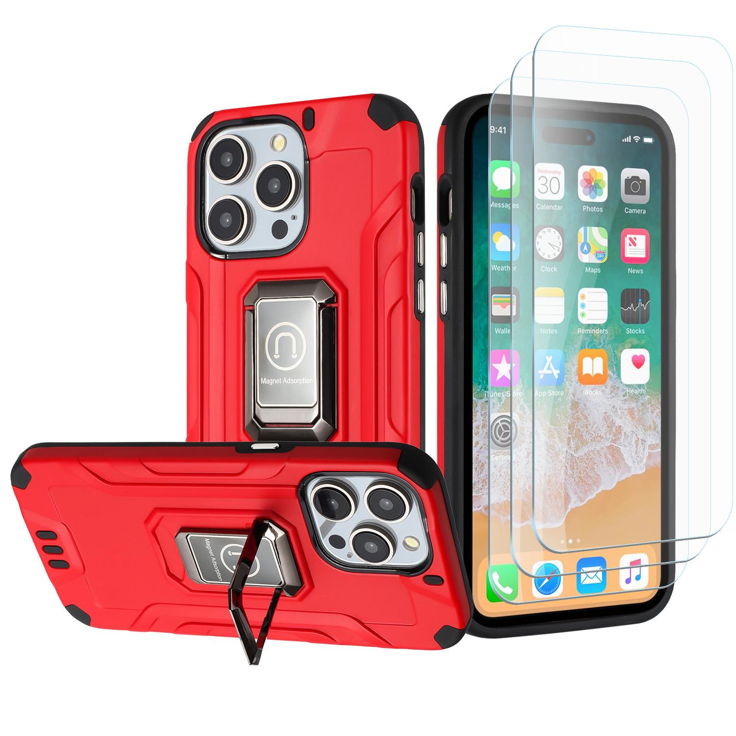 iPhone 15 Strong Tough Metallic Design Hybrid Premium Kicstand + 3X Tempered Glass - Red