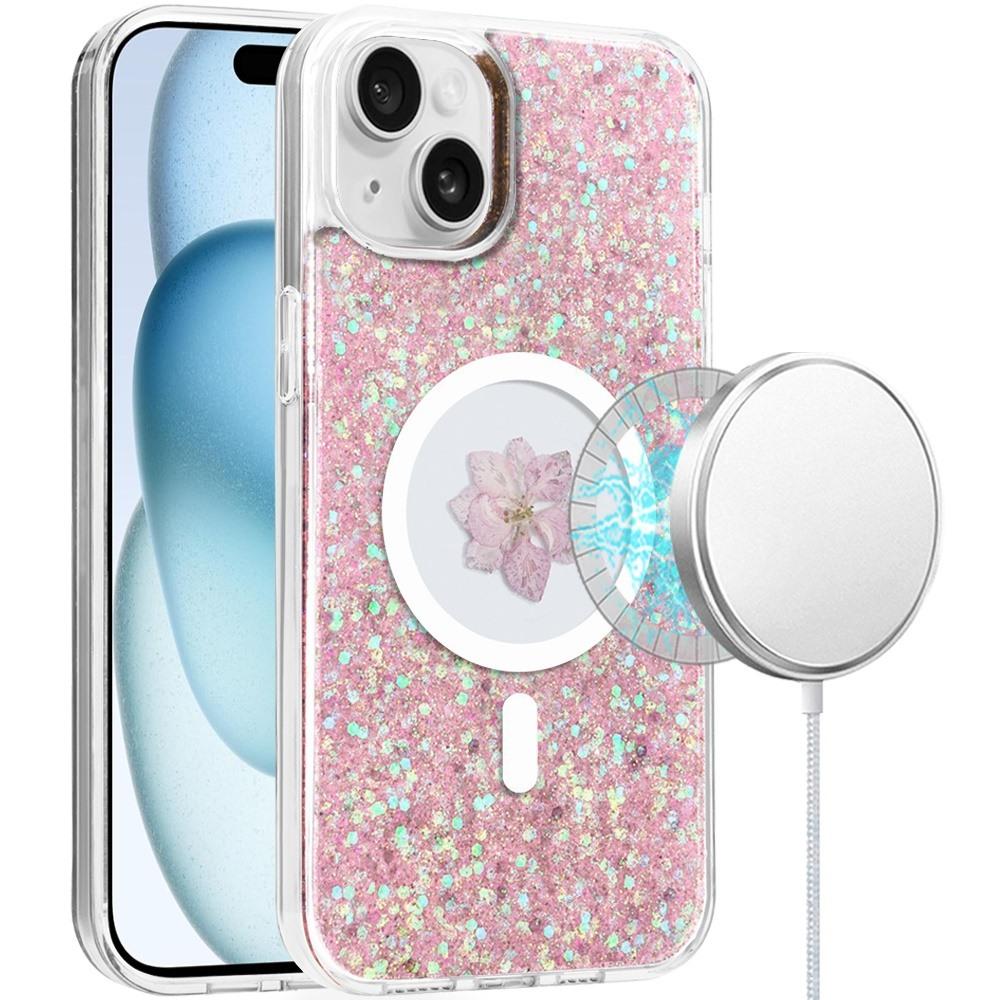 iPhone 15 Magnetic Ring Circle Real Flower Epoxy Glitter Hybrid - Rose Gold product