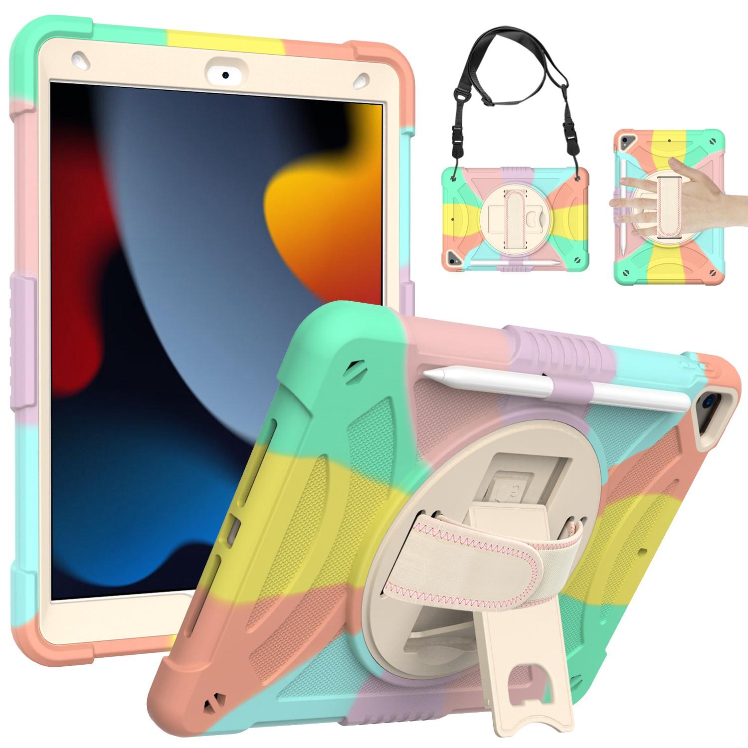 Apple iPad 9th 8th 7th Gen 10.2 inch Tablet Hand and Shoulder Strap with Kickstand 3in1 Tough Hybrid - Colorful