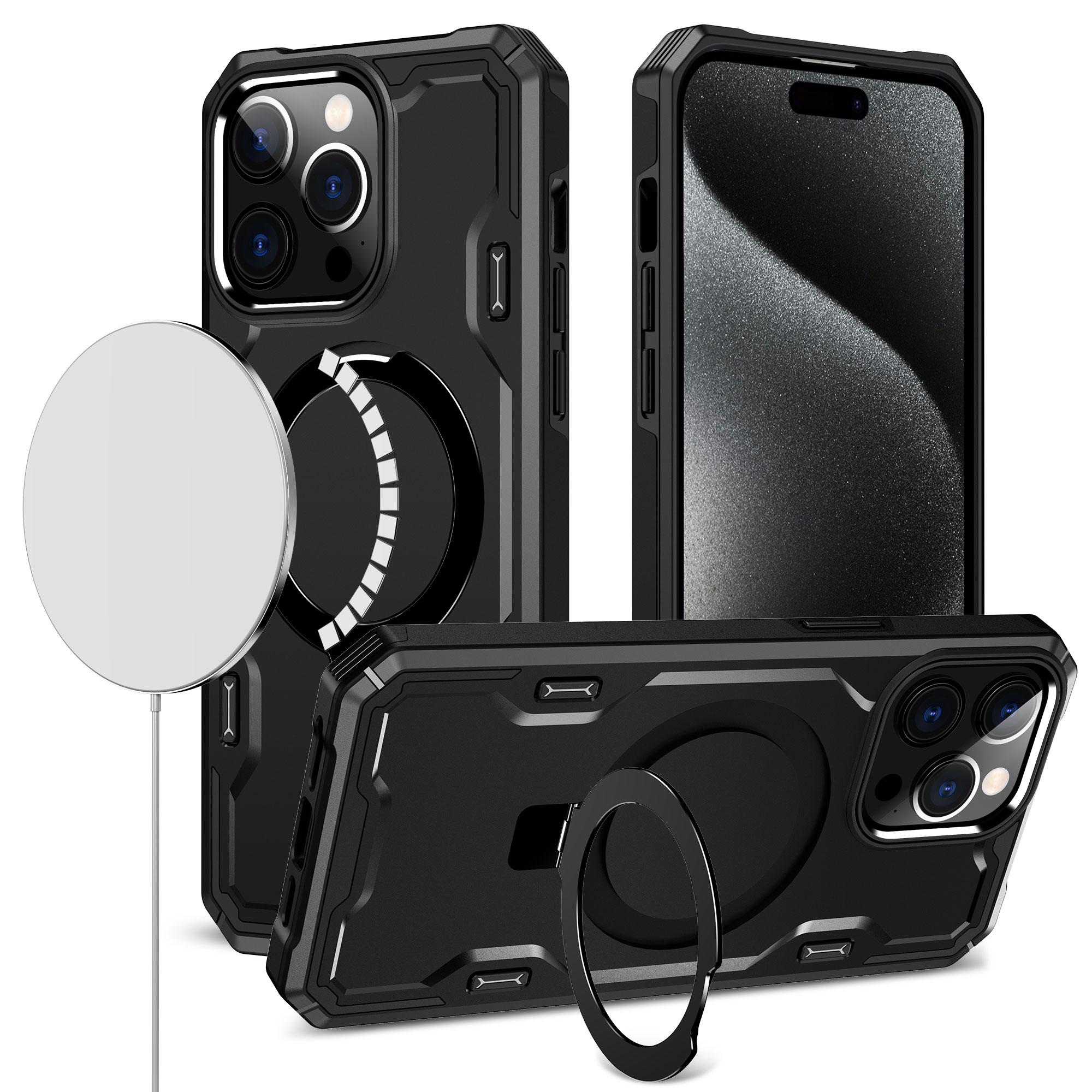 iPhone 15 Magnetic Ring Stand Simplistic Tough Hybrid Case Cover - Black