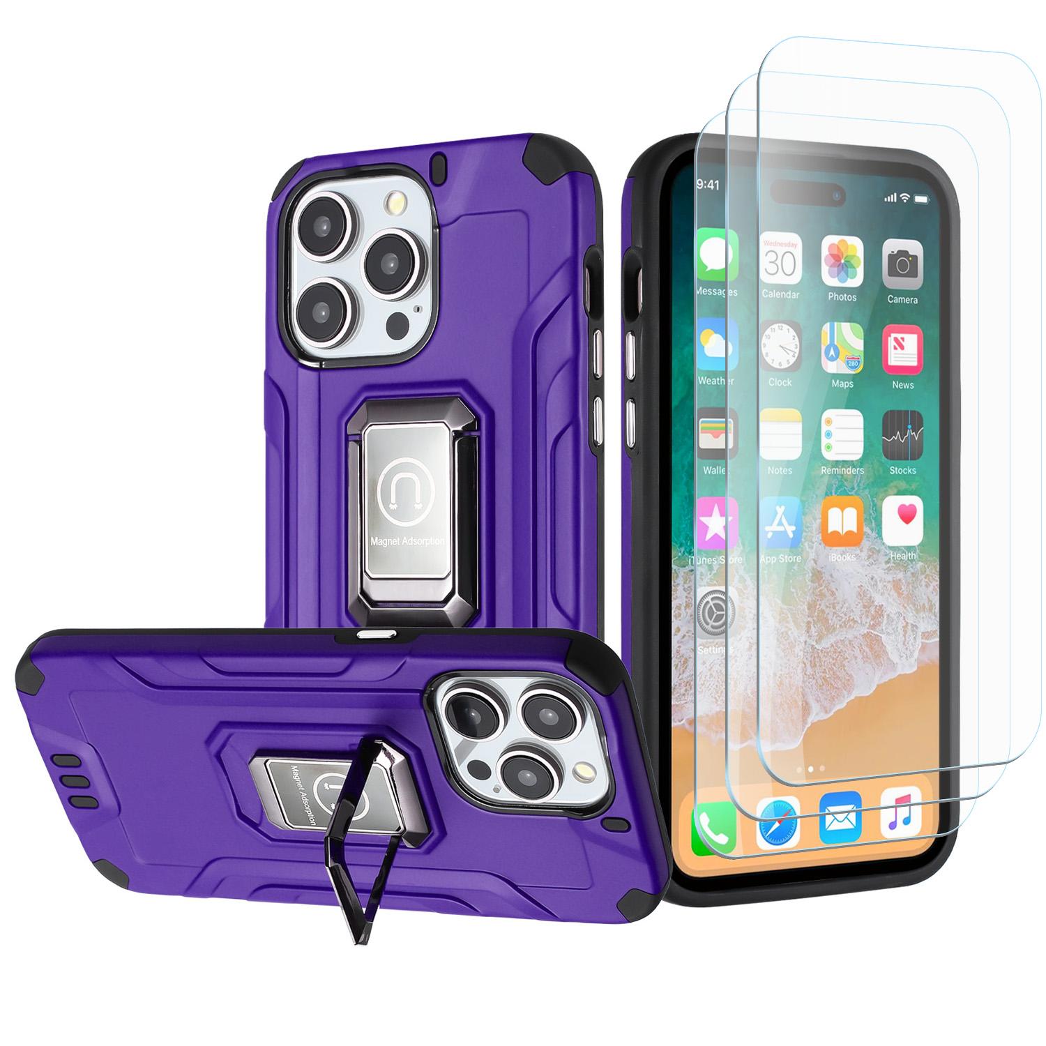 iPhone 15 Plus Strong Tough Metallic Hybrid Case with Kickstand + 3X Tempered Glass