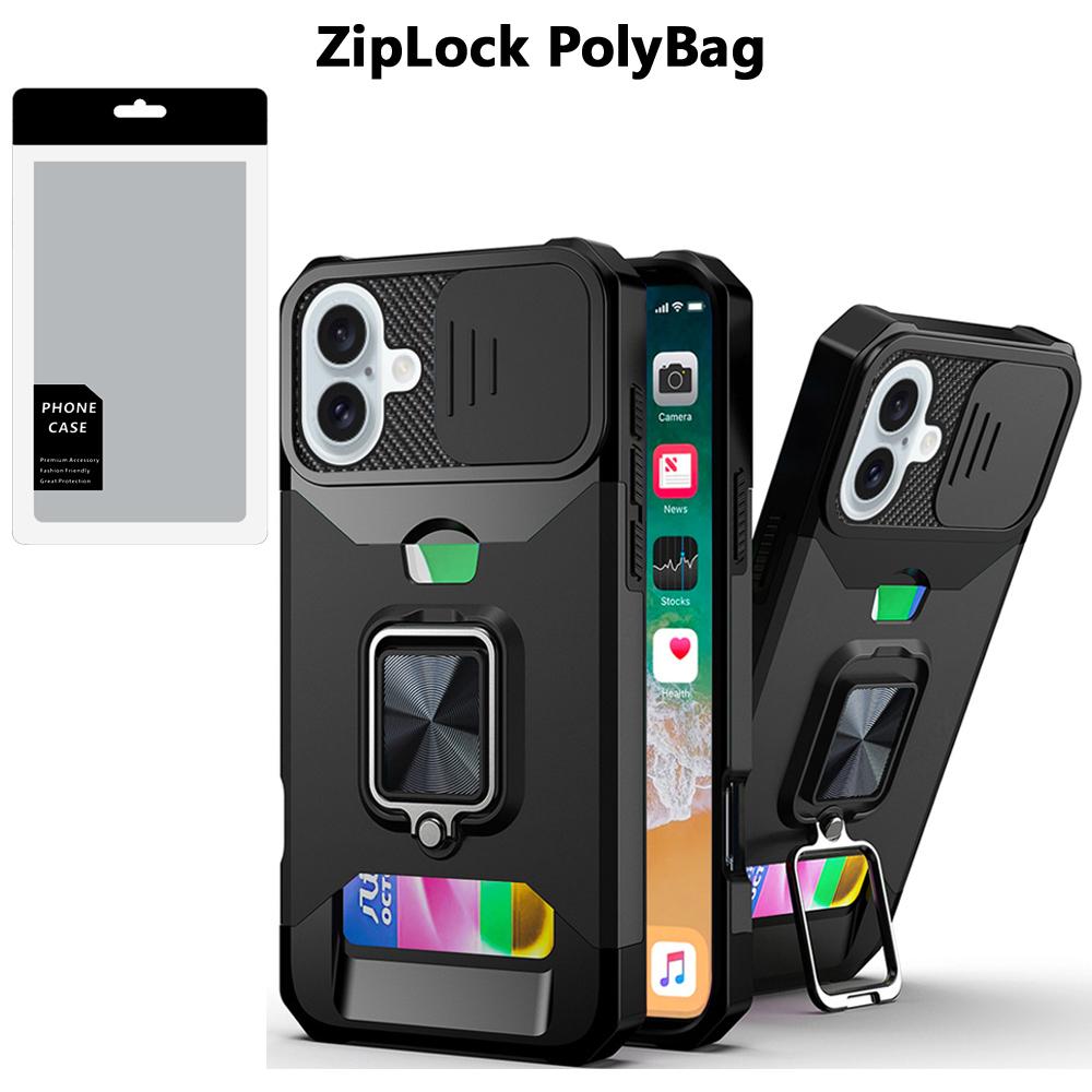 iPhone 16 Plus 6.7" Magnetic Card Holder Case with Ring Kickstand | Hybrid Shockproof Camera Protection Cover
