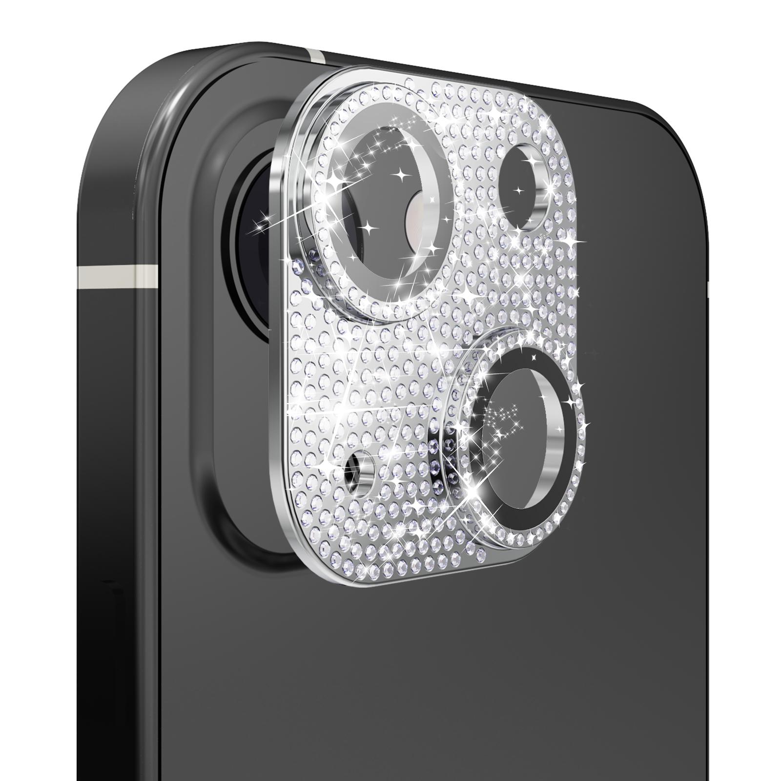 iPhone 15 Plus Diamond Bling Camera Lens Full Tempered Glass - Silver