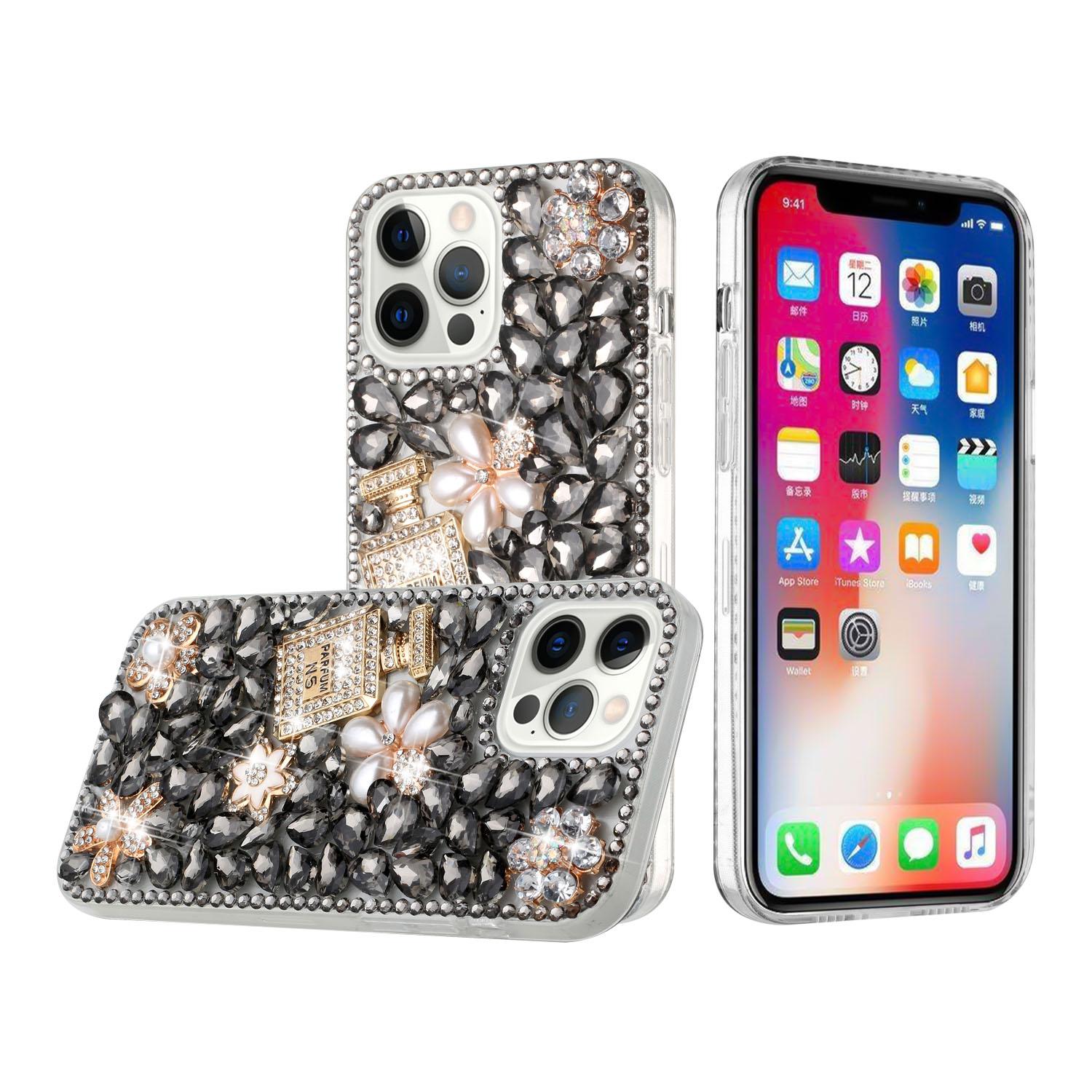 iPhone 15 Full Diamond with Ornaments Case Cover - Pearl Flowers with Perfume Smoke