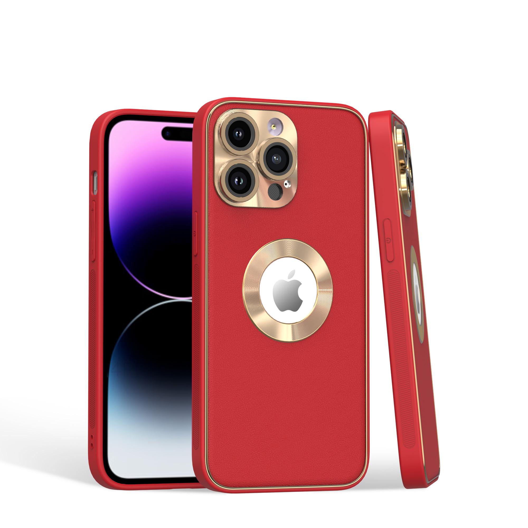 iPhone 15 Disc Chrome Circle With Chromed Tempered Glass Screen Protector PU UV Leather Case - Red