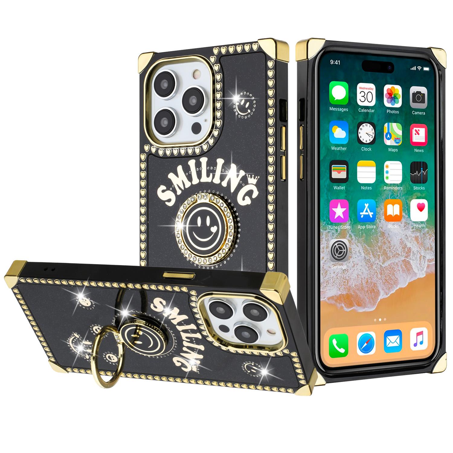 iPhone 15 Passion Square Hearts Smiling Diamond Ring Stand Case Cover - Black