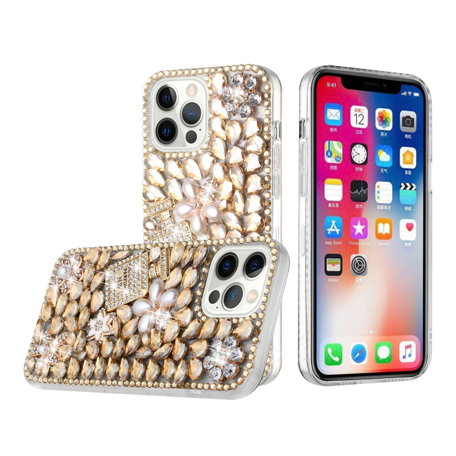 iPhone 15 Full Diamond with Ornaments Case Cover - Pearl Flowers with Perfume Gold product