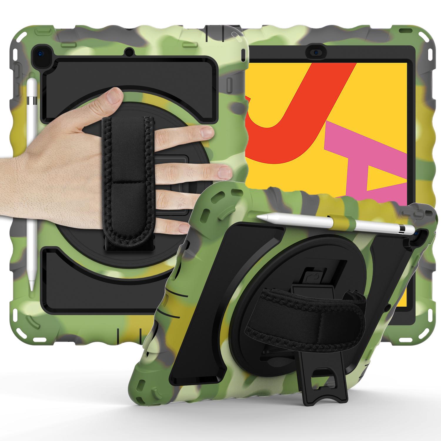 Apple iPad 9.7 inch Tablet Complete 360 Tough Hybrid Kickstand with Shoulder Hand Strap - Camouflage