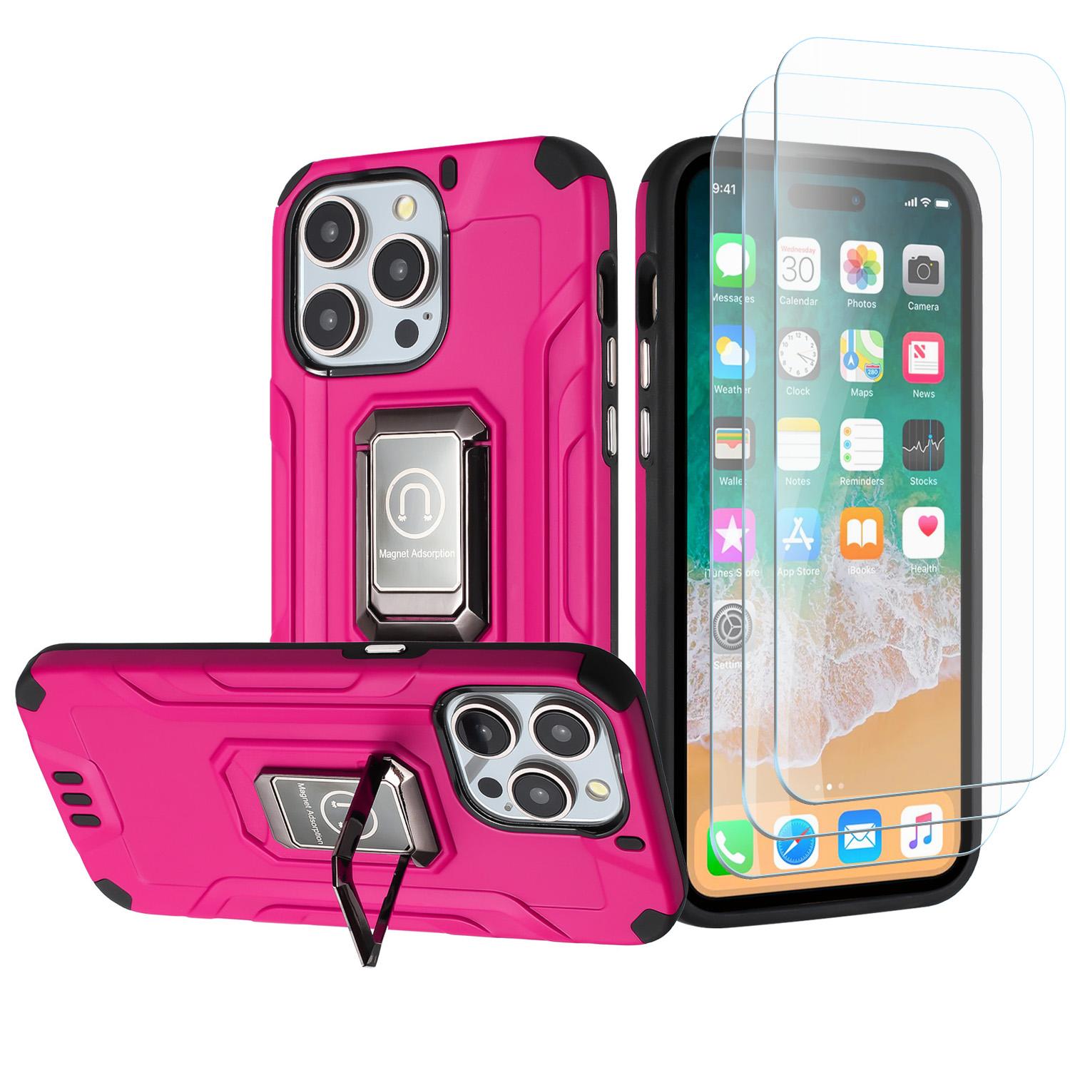 iPhone 15 Strong Tough Metallic Design Hybrid Premium Kicstand + 3X Tempered Glass - Hot Pink