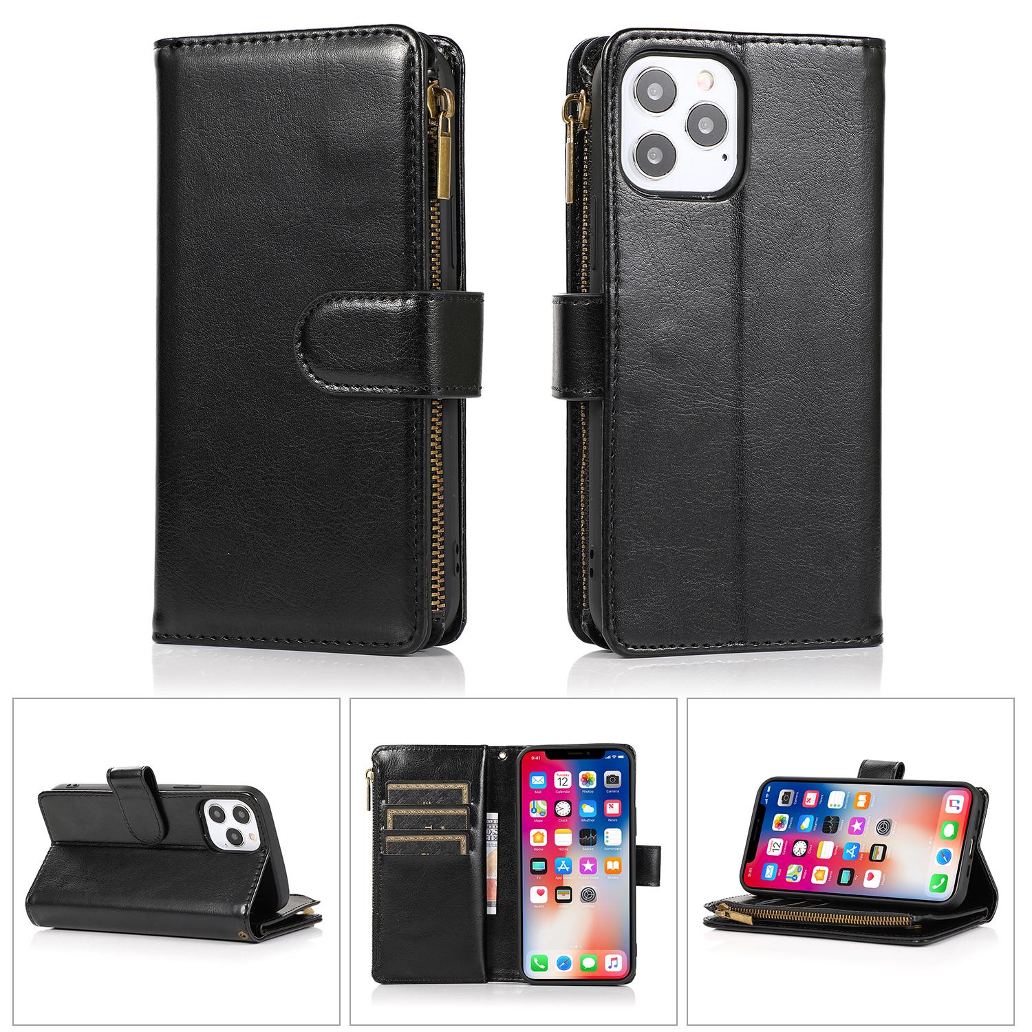 iPhone 15 Luxury Wallet Card ID Zipper Money Holder Case Cover - Black