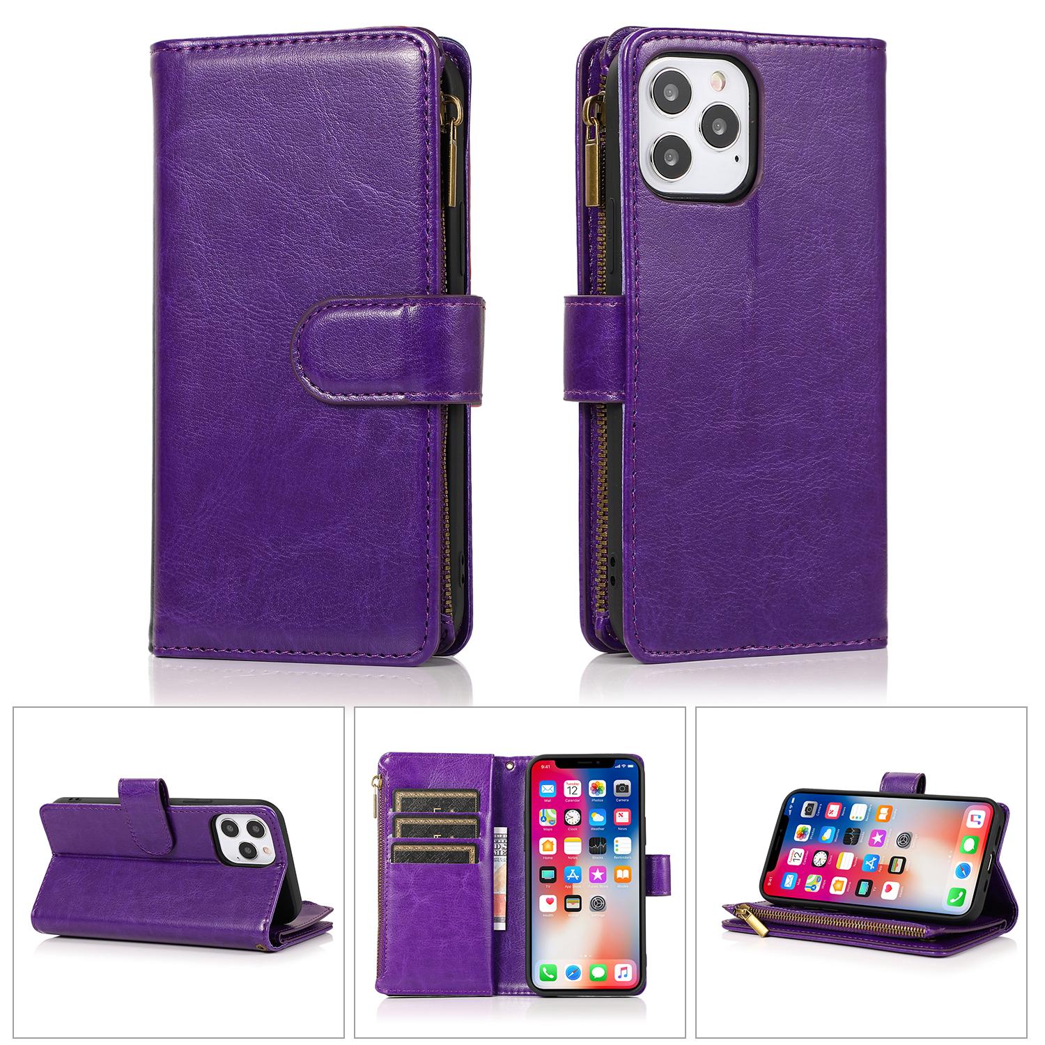 iPhone 15 Luxury Wallet Card ID Zipper Money Holder Case Cover - Dark Purple