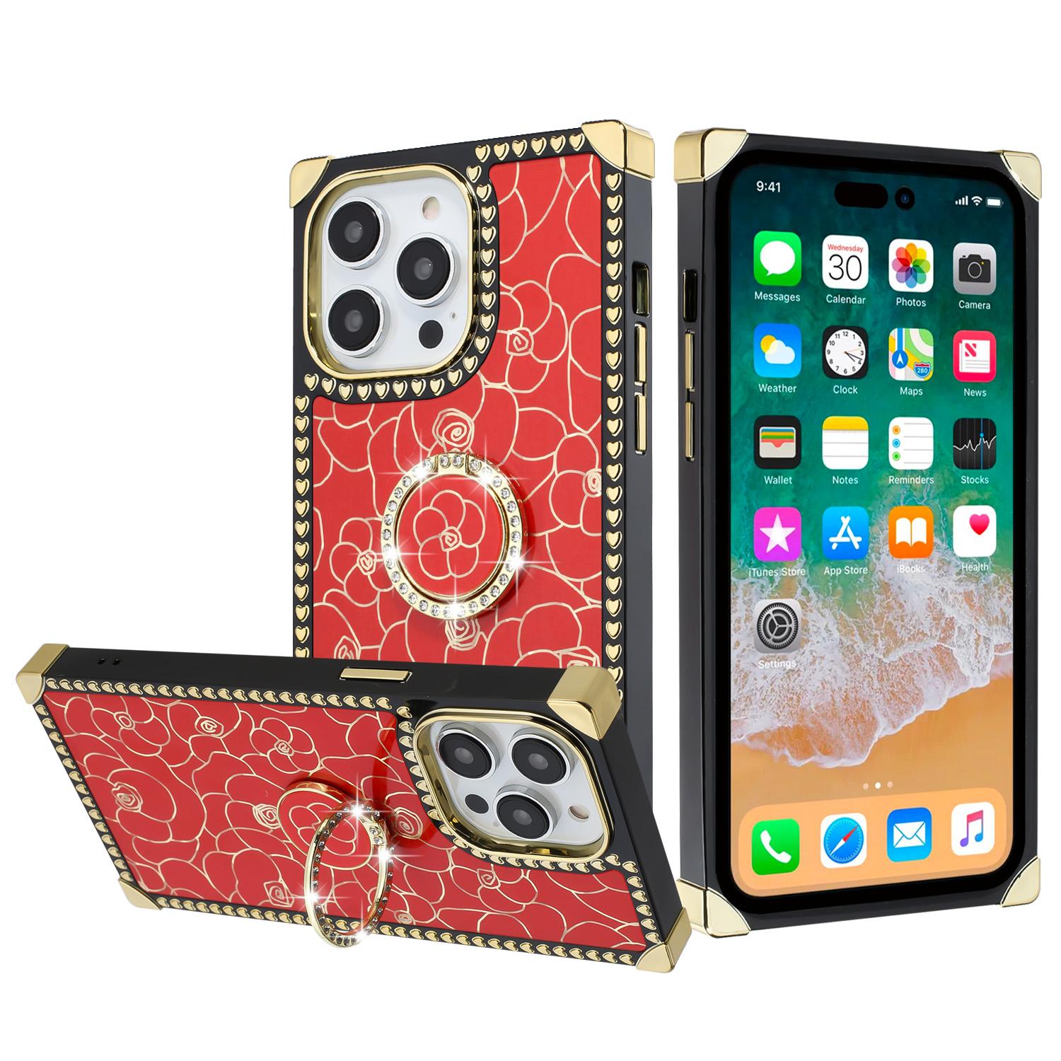 iPhone 15 SQUARE Passion Glitter Diamond Ring Stand Case Cover - Floral Design Red product