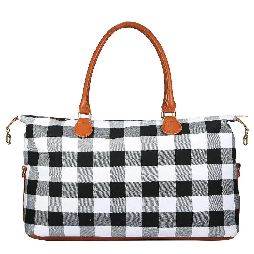 Women's Travel Duffle Tote Bag with Shoulder Strap, White Plaid product