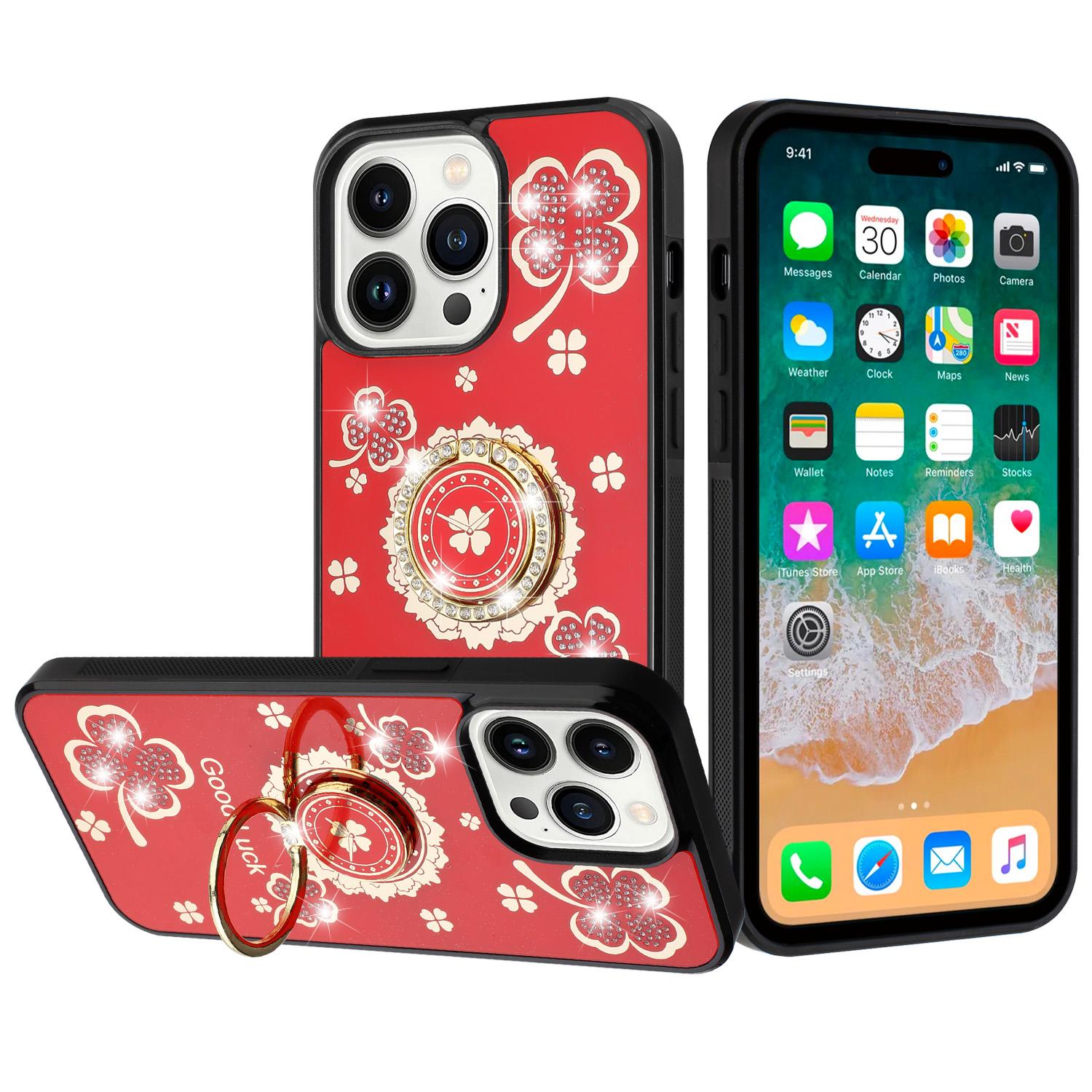 iPhone 15 SPLENDID Diamond Glitter Ornaments Engraving Case Cover - Good Luck Floral Red