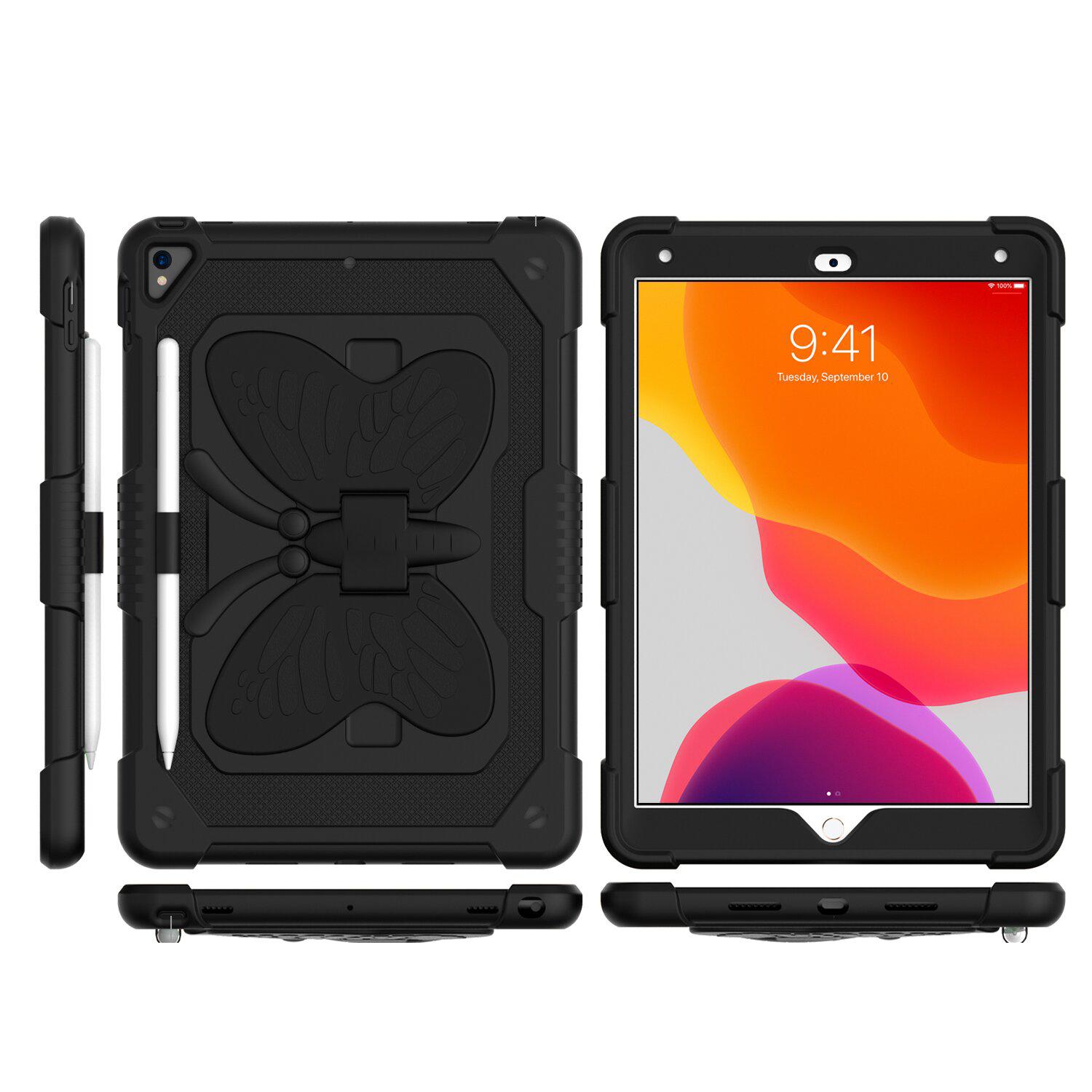 Apple iPad 9th Gen 10.2 inch (2021) Butterfly Kickstand 3in1 Tough Hybrid Case Cover with Shoulder Strap - Black/Black