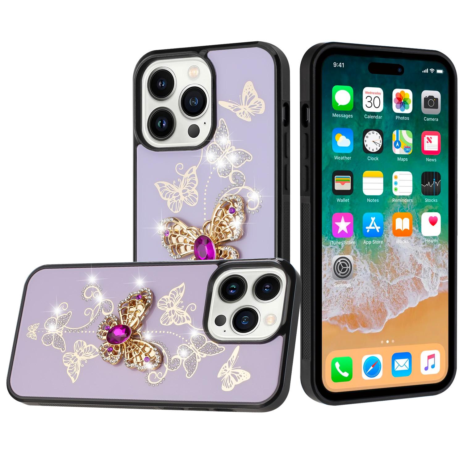 iPhone 15 SPLENDID Diamond Glitter Ornaments Engraving Case Cover - Garden Butterflies Purple product