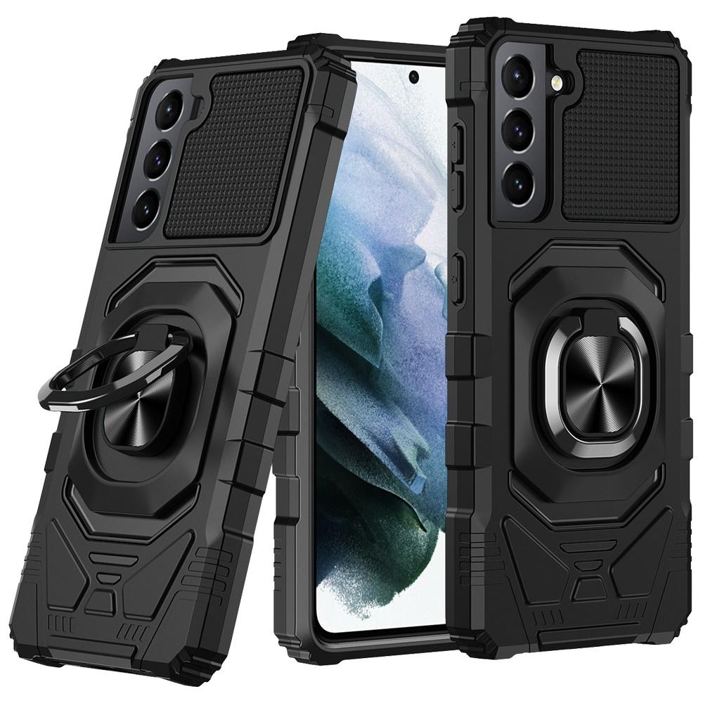 Samsung Galaxy S22 Plus Robotic Hybrid with Magnetic Ring Stand Case Cover - Black