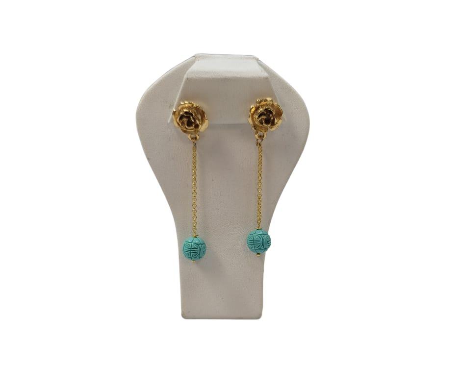 Extra Long Gold Rose turquoise dangle Earrings