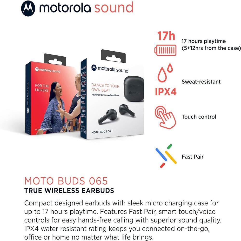 Motorola Moto Buds 065 - True Wireless, Ear Buds, Noise Isolation and 17 Hours Playtime, Touch Control on Both Earbuds, IPX4 Water Resistant, ENC mic for Clear Voice Calls