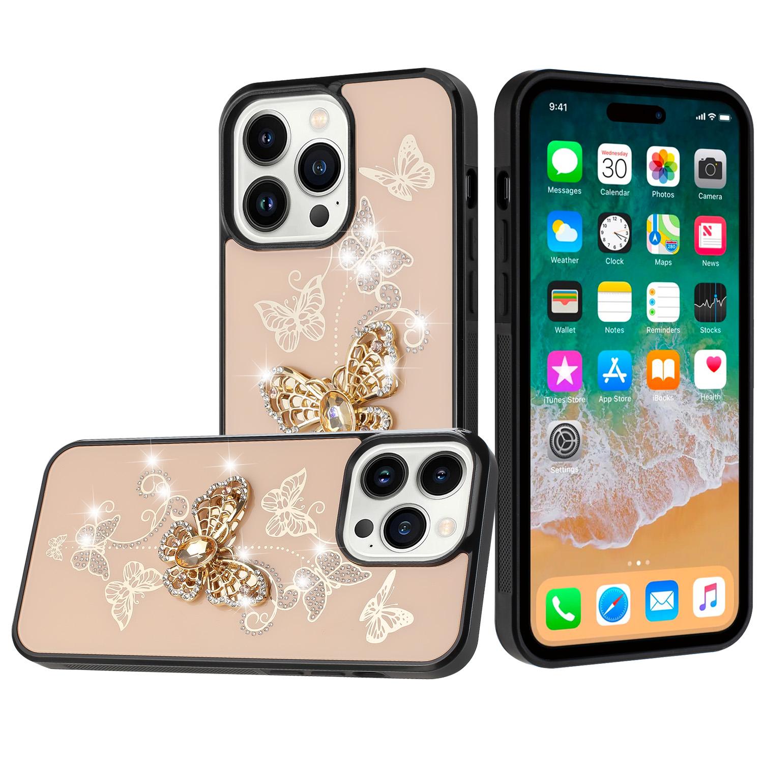 iPhone 15 SPLENDID Diamond Glitter Ornaments Engraving Case Cover - Garden Butterflies Gold
