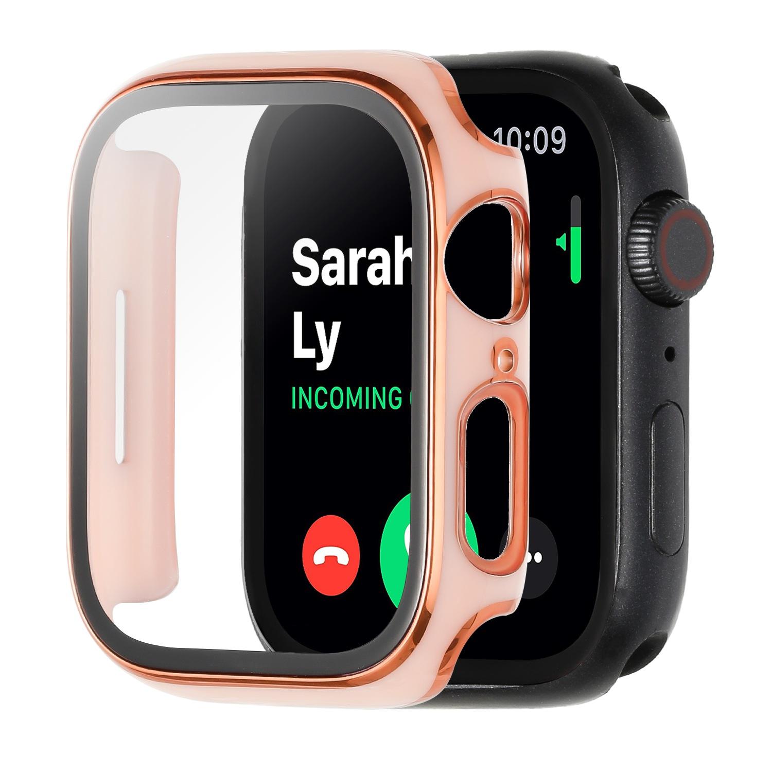 38mm Full Coverage RoseGold with Tempered Glass iWatch Screen Frame - Chromed Rose Gold+Pink