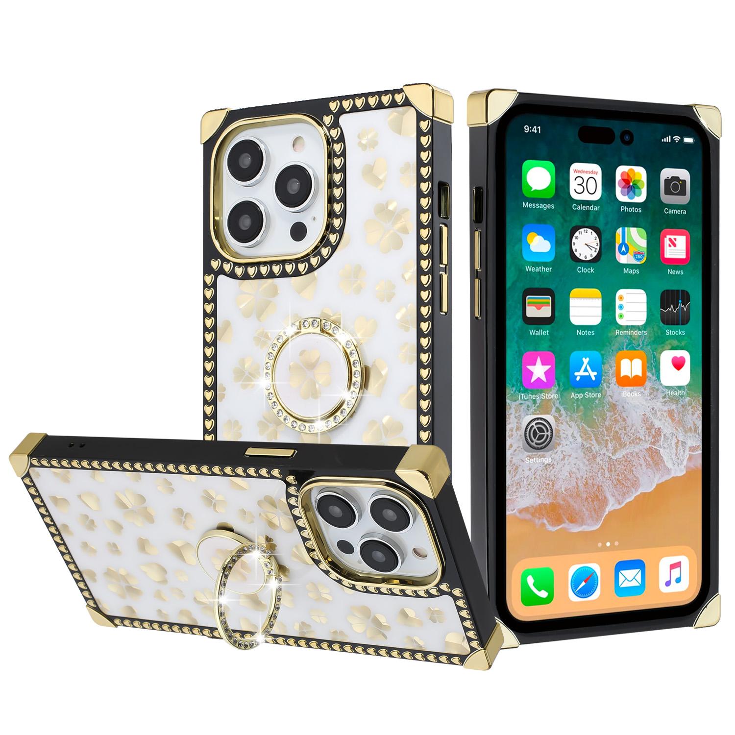 iPhone 15 SQUARE Passion Glitter Diamond Ring Stand Case Cover - Heart Design White product