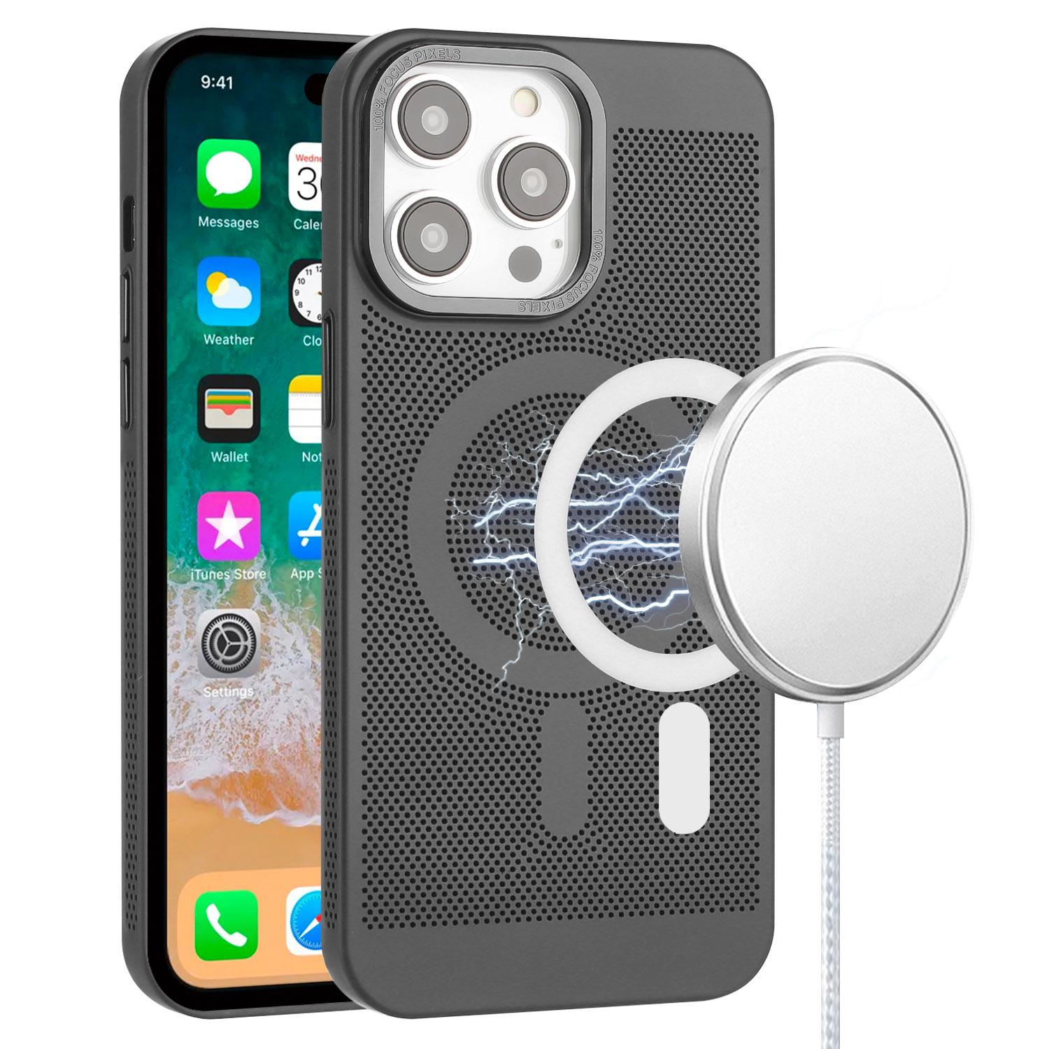 iPhone 15 Magnetic Ring Radiator Design Hybrid with Metal Buttons Case Coverr - Black