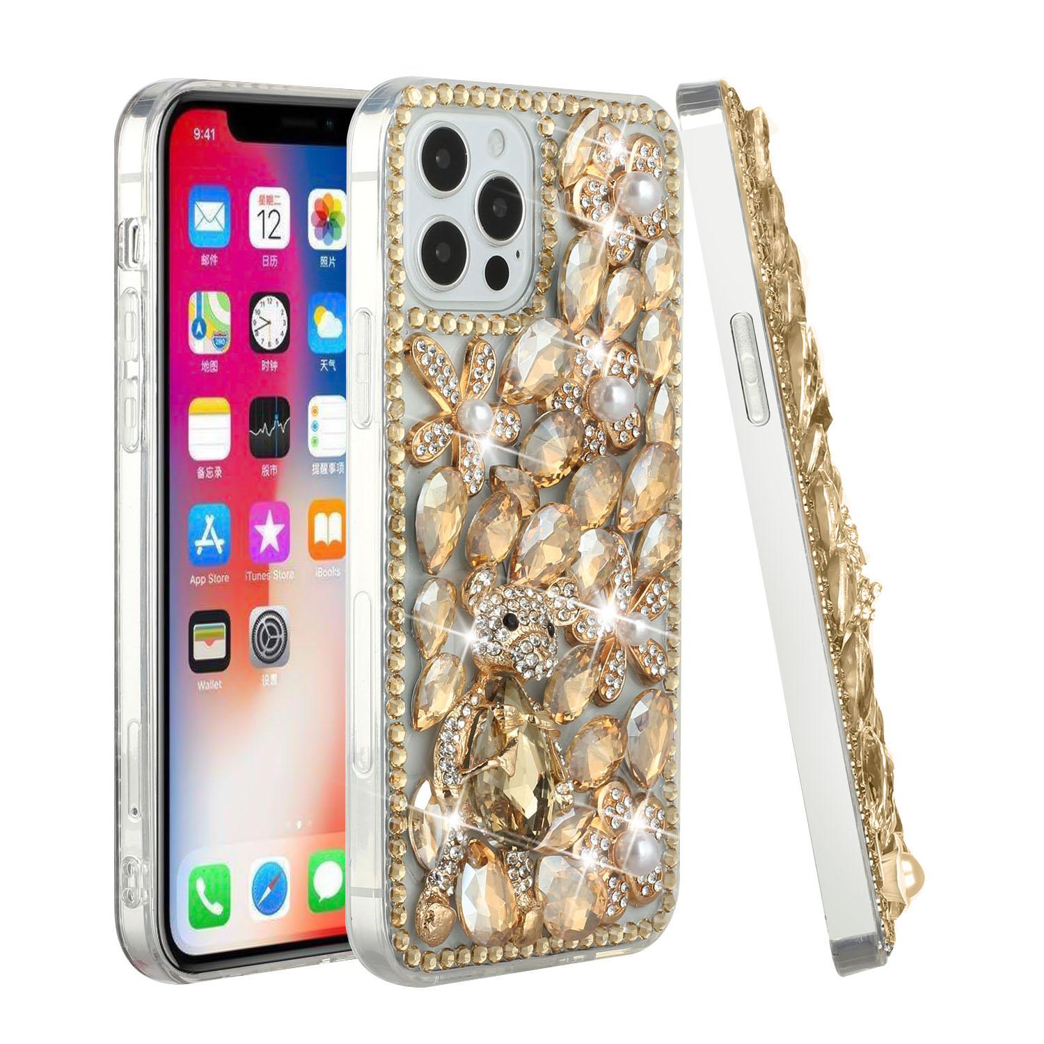 iPhone 15 Full Diamond with Ornaments Hard TPU Case Cover - Gold Panda Floral