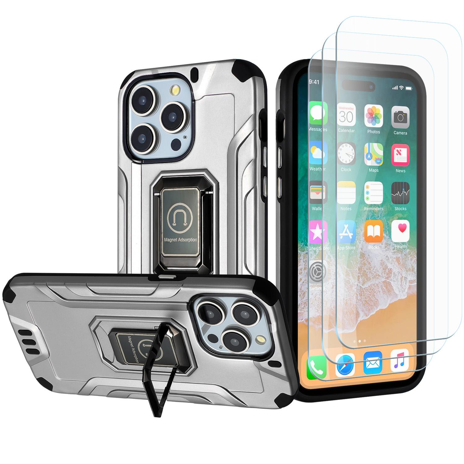 iPhone 15 Strong Tough Metallic Design Hybrid Premium Kicstand + 3X Tempered Glass - Grey