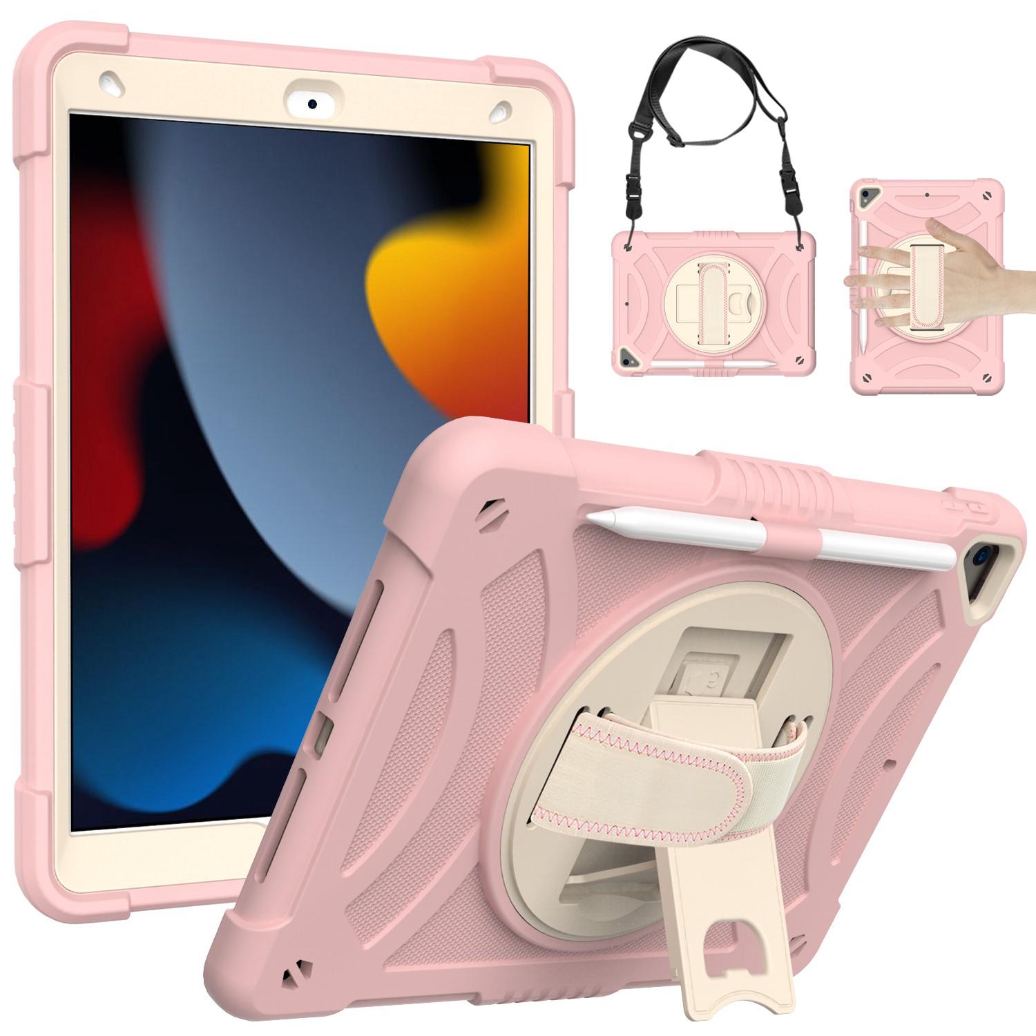 Apple iPad 9th 8th 7th Gen 10.2 inch Tablet Hand and Shoulder Strap with Kickstand 3in1 Tough Hybrid - Rose Gold