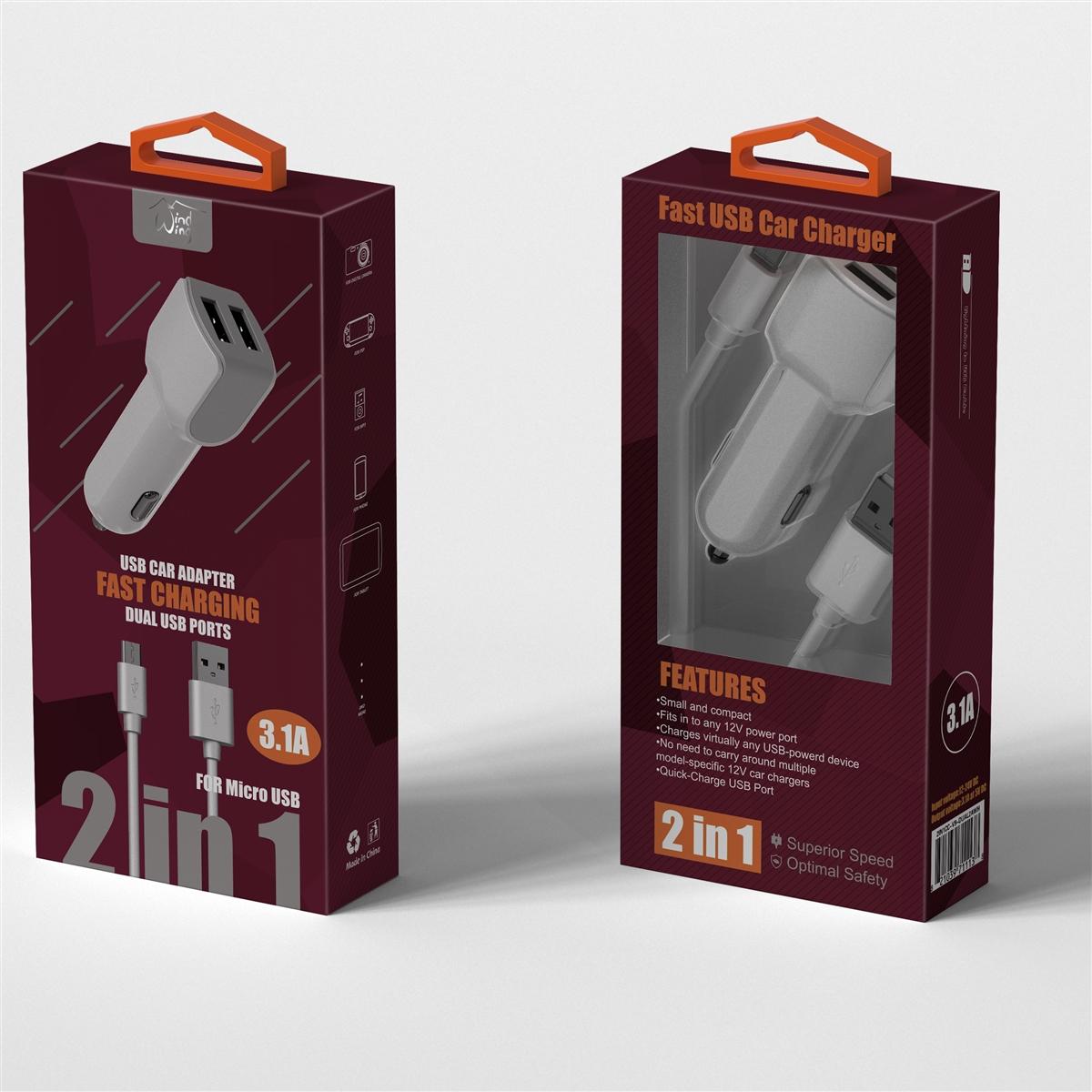 2 In 1 Fast Dual USB Car Charger and V9 Cable Cord for Micro USB in White