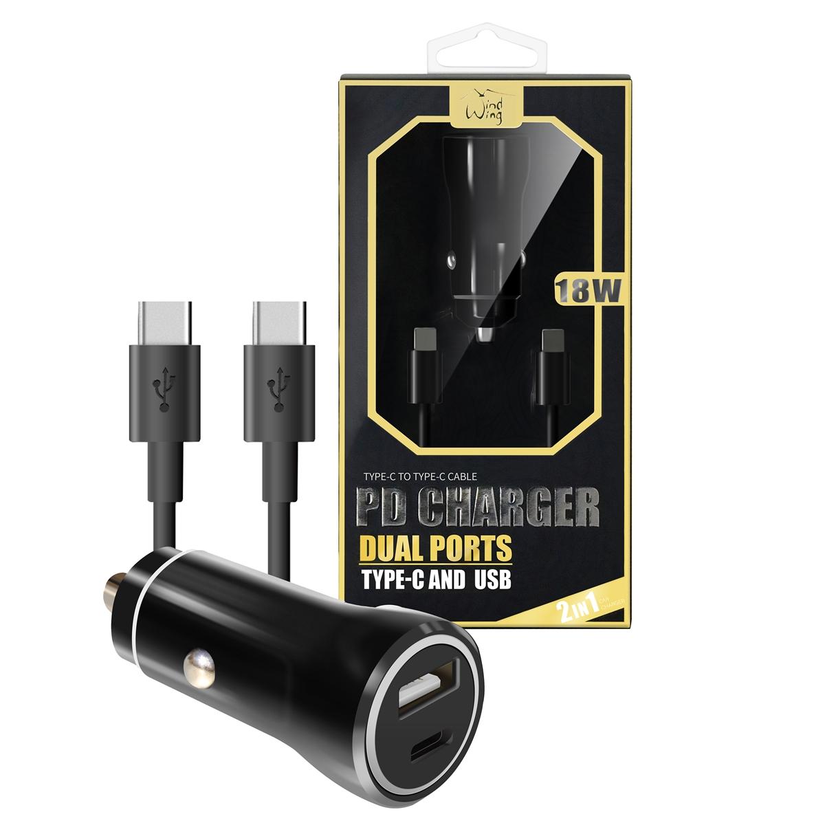 2-IN-1 18W PD Fast Type C&USB Dual Ports Car Charger + Type C to Type C Cable Cord in Black