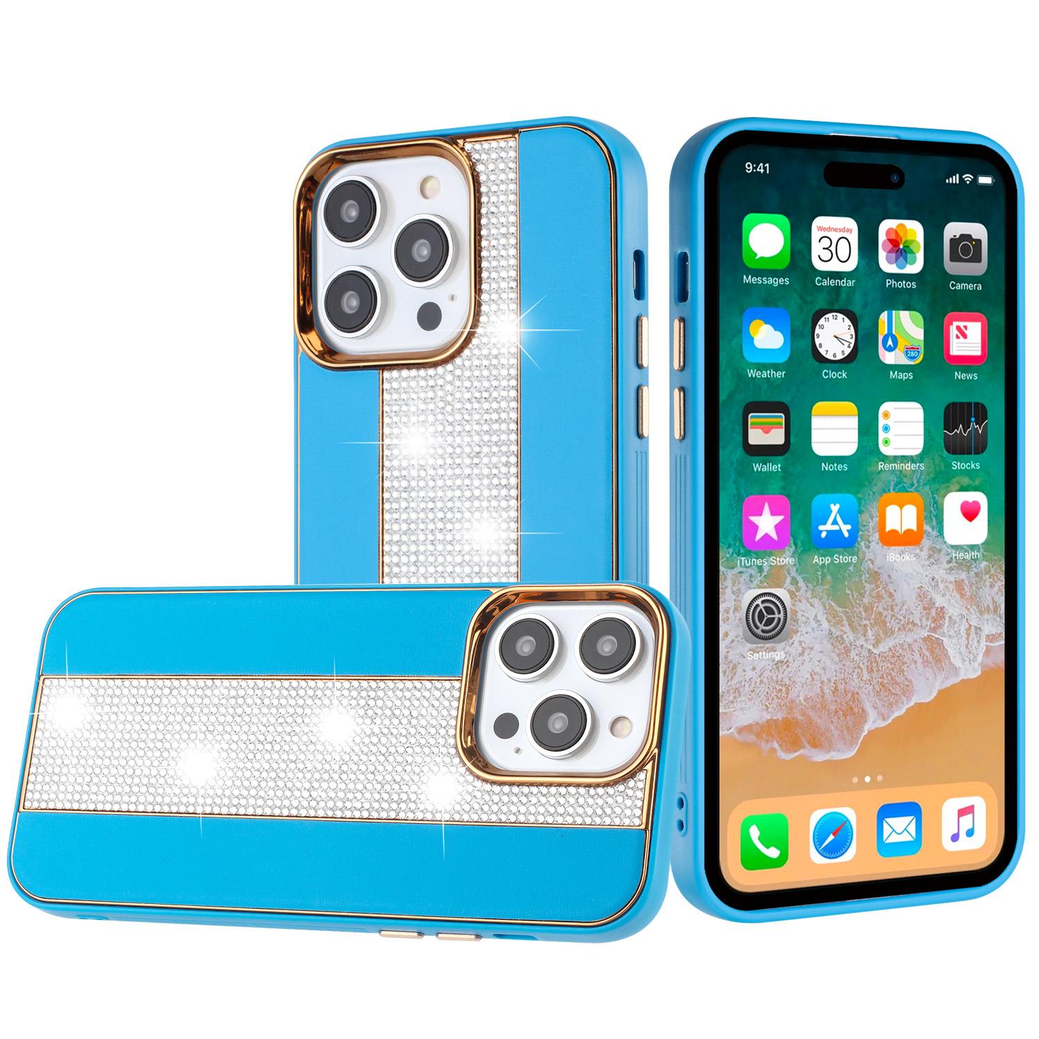 iPhone 15 Flashy Diamond Leather Sticked On Hybrid with Chrome Camera Edge - Blue