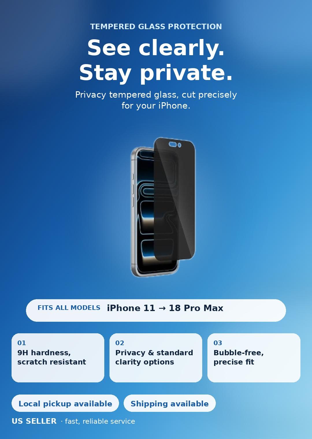 Premium Quality Privacy Tempered Glass Screen Protector for iPhone 11 to 18 Pro Max