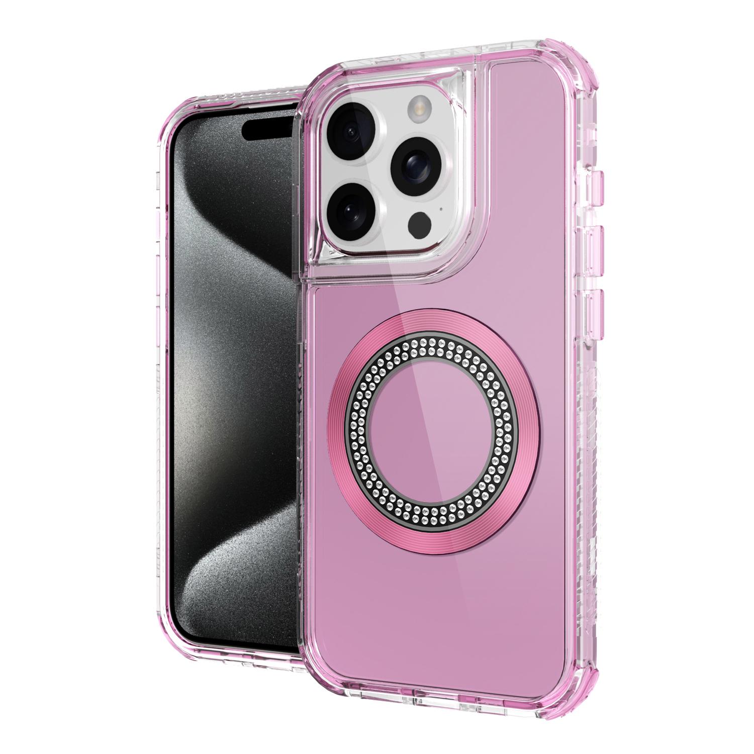iPhone 15 Pro Max 3-in-1 Chrome Bling Hybrid Case – Magnetic Ring Circle, Sparkle Shockproof Cover