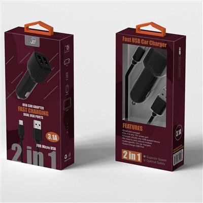 2 In 1 Fast Dual USB Car Charger and V9 Cable Cord for Micro USB in Black