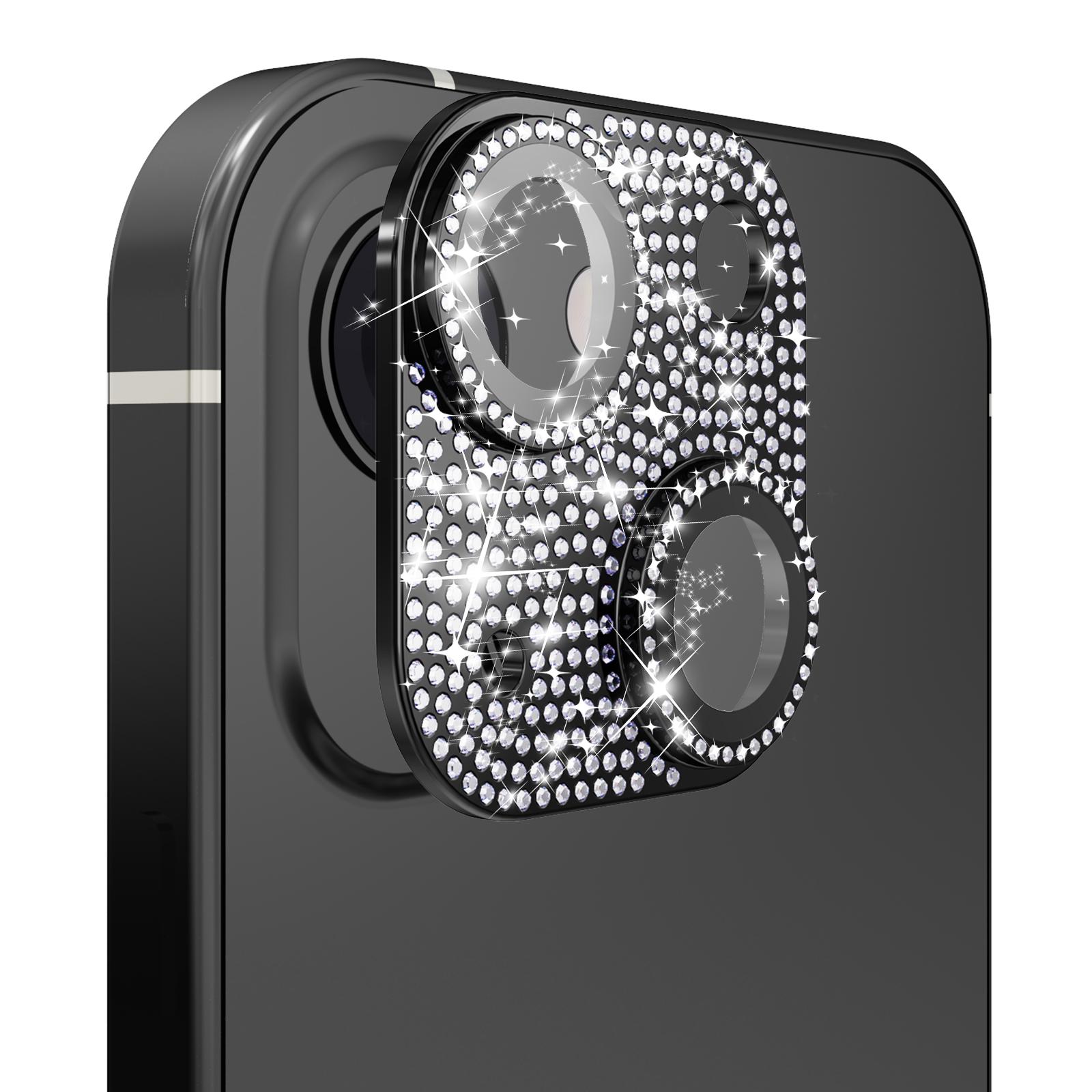 iPhone 15 Diamond Bling Camera Lens Full Tempered Glass - Black