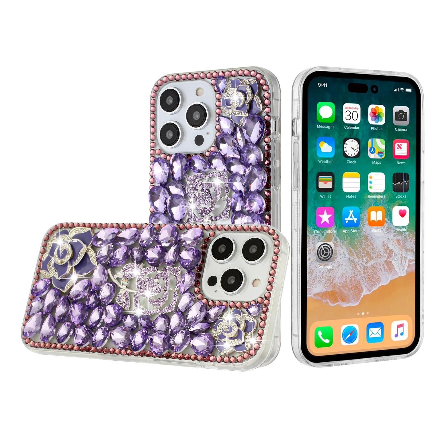 iPhone 15 Floral Full Diamond Bling Case Cover - Purple