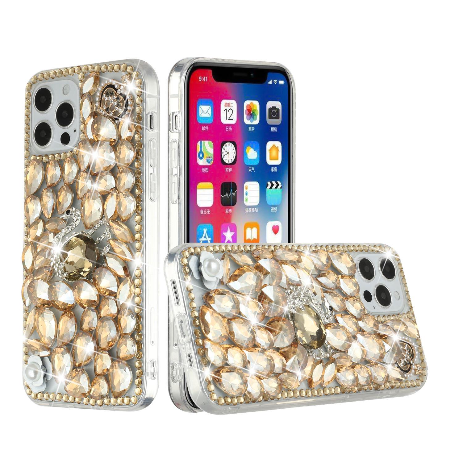 iPhone 15 Full Diamond with Ornaments Hard TPU Case Cover - Gold Swan Crown Pearl product