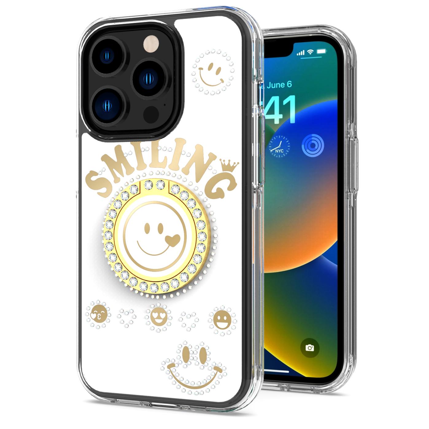 iPhone 15 Smiling Glitter Ornament Bling With Ring Stand Hybrid Case Cover - White