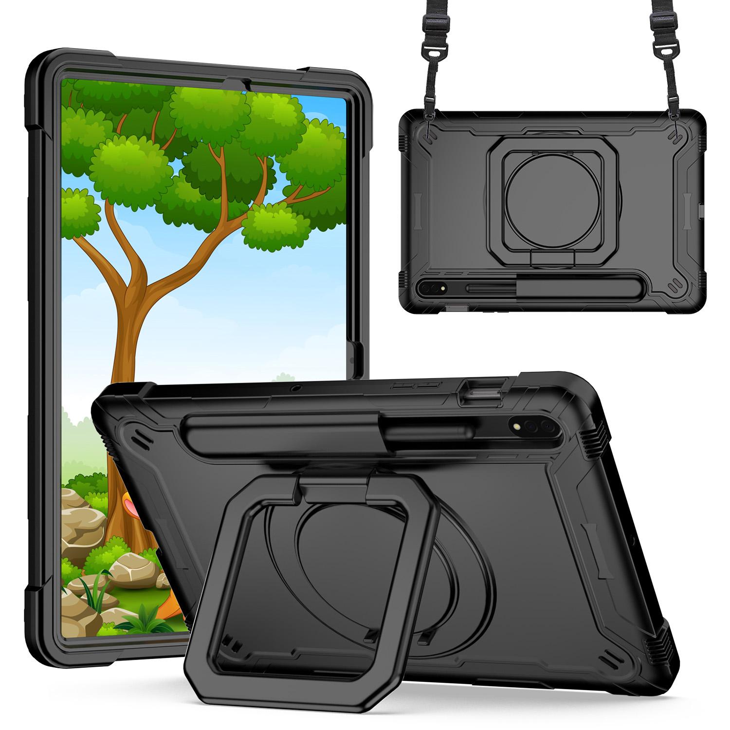 Samsung Tab S8 / Tab S7 Tablet Tough Hybrid Rotating 360 Degree Kickstand - Black+Black