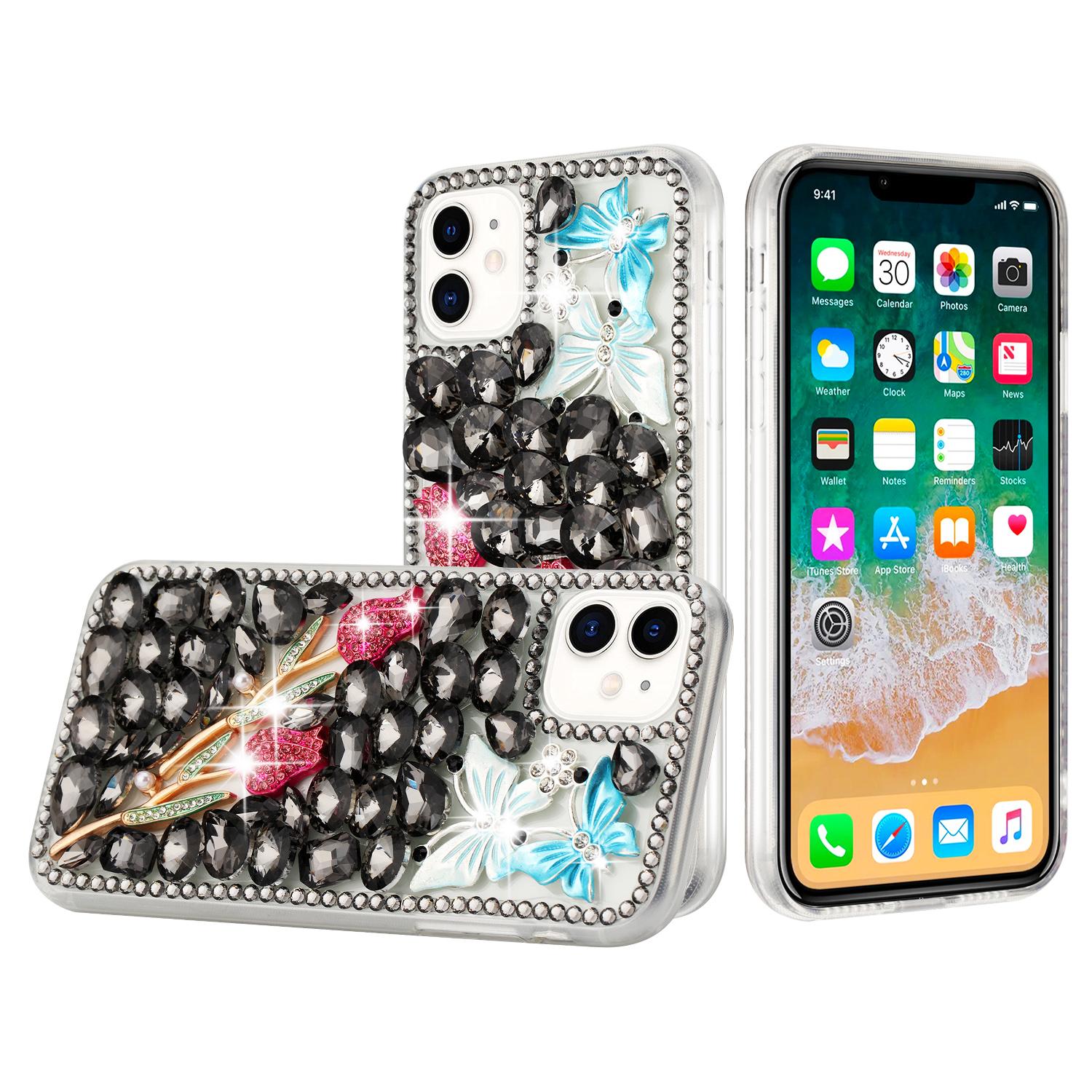 iPhone 15 Full Diamond with Ornaments Case Cover - Smoke Exquisite Garden