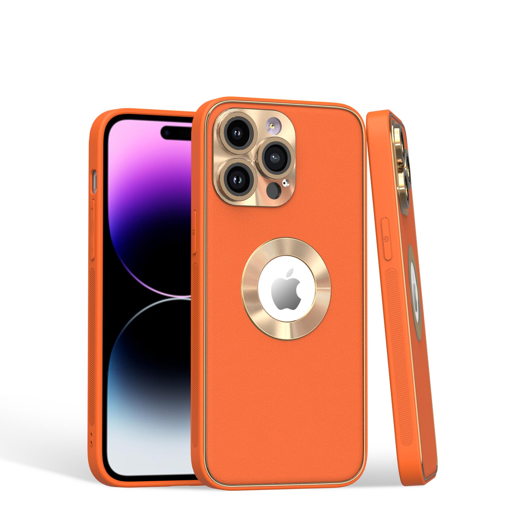 iPhone 15 Disc Chrome Circle With Chromed Tempered Glass Screen Protector PU UV Leather Case - Orange product