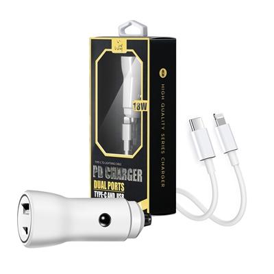 2-IN-1 18W PD Fast Type C&USB Dual Ports Car Charger+Type C to 8 pin Cable in White