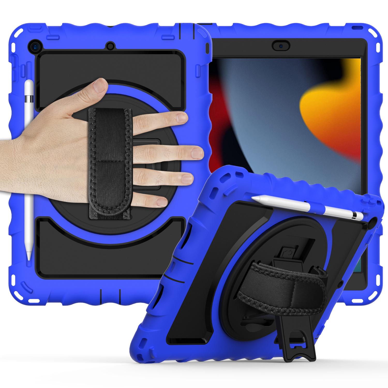 Apple iPad 9th 8th 7th Gen 10.2 inch Tablet Complete 360 Tough Hybrid Kickstand with Shoulder Hand Strap - Dark Blue