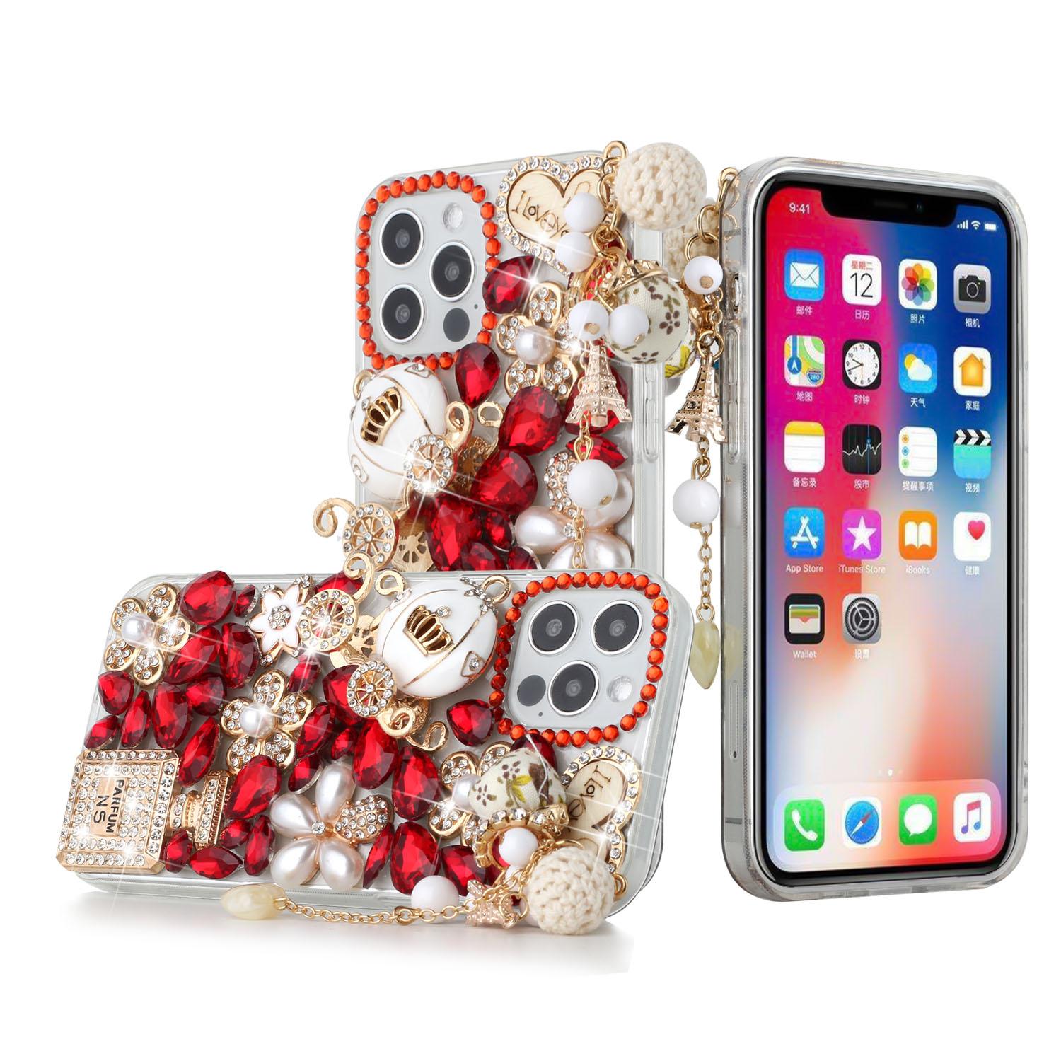 iPhone 15 Full Diamond with Ornaments Case Cover - Ultimate Multi Ornament Red